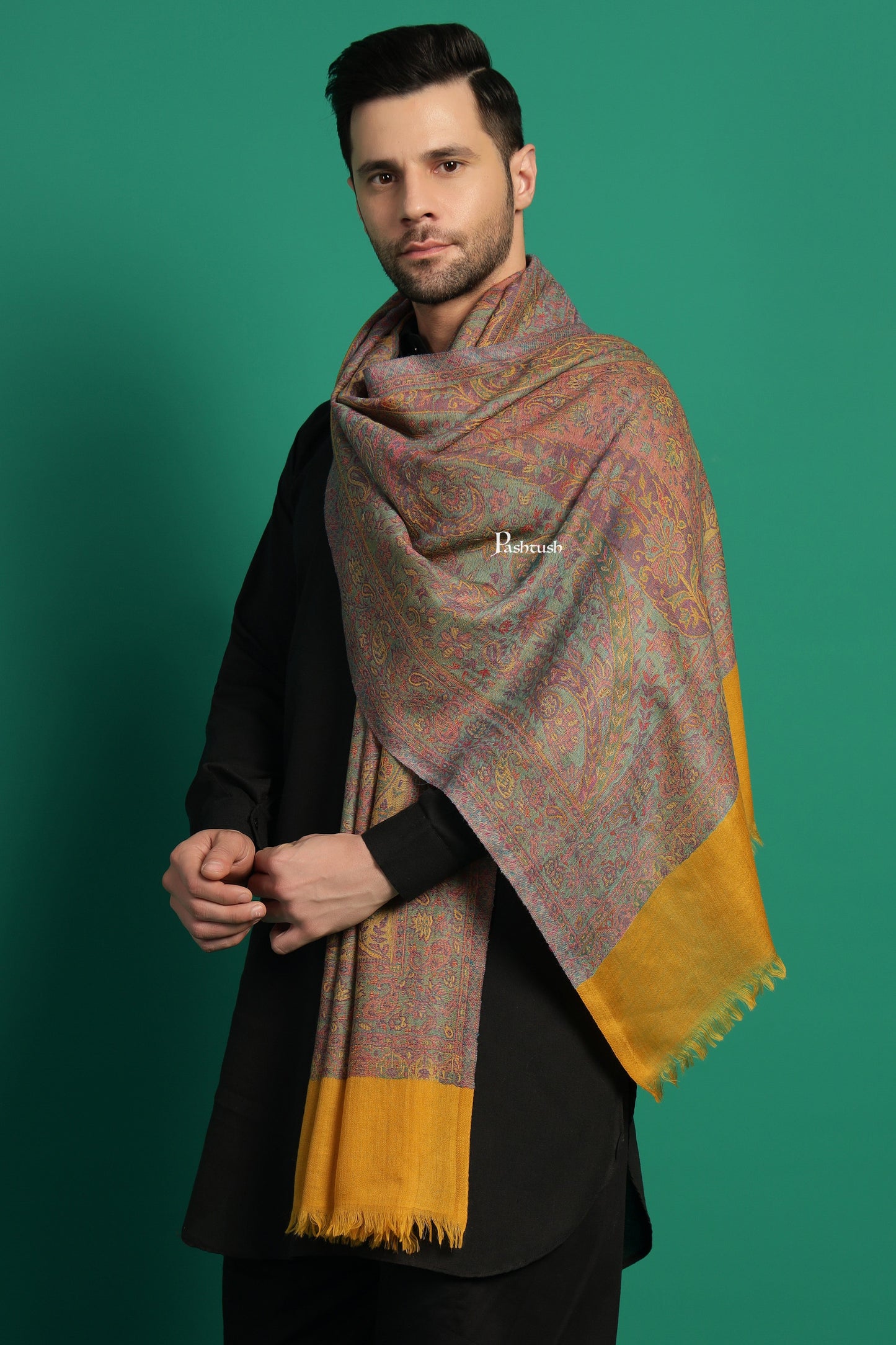 Pashtush India Mens Scarves Stoles and Mufflers Pashtush Mens 100% Pure Wool With Woolmark Certificate Stole, Paisley Weave Design, Mustard
