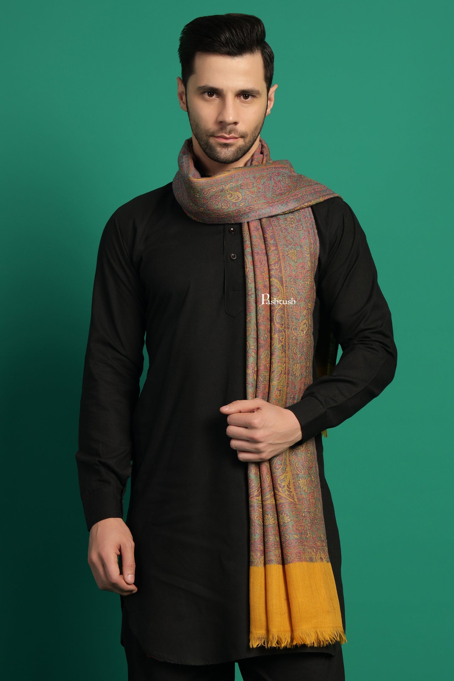 Pashtush India Mens Scarves Stoles and Mufflers Pashtush Mens 100% Pure Wool With Woolmark Certificate Stole, Paisley Weave Design, Mustard