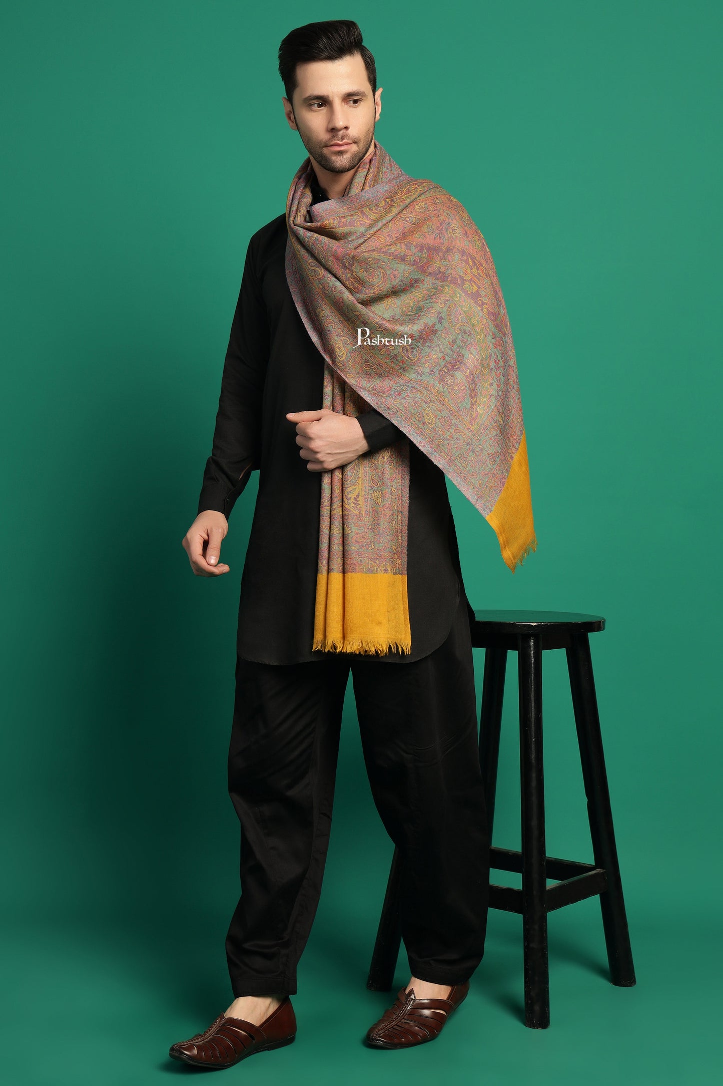 Pashtush India Mens Scarves Stoles and Mufflers Pashtush Mens 100% Pure Wool With Woolmark Certificate Stole, Paisley Weave Design, Mustard