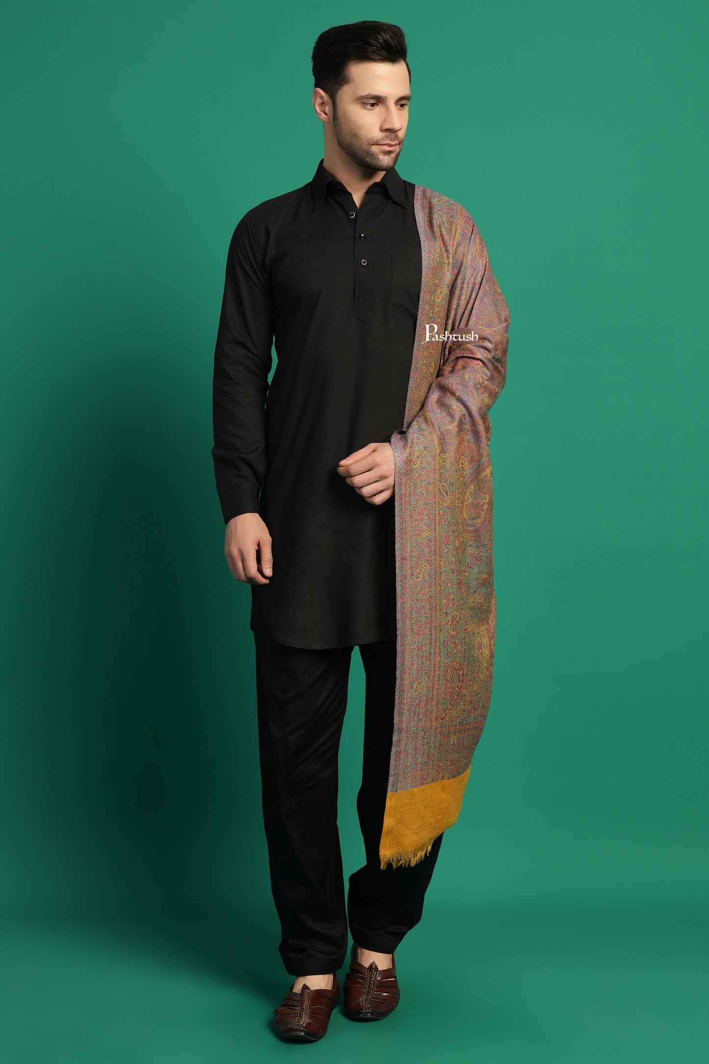 Pashtush India Mens Scarves Stoles and Mufflers Pashtush Mens 100% Pure Wool With Woolmark Certificate Stole, Paisley Weave Design, Mustard