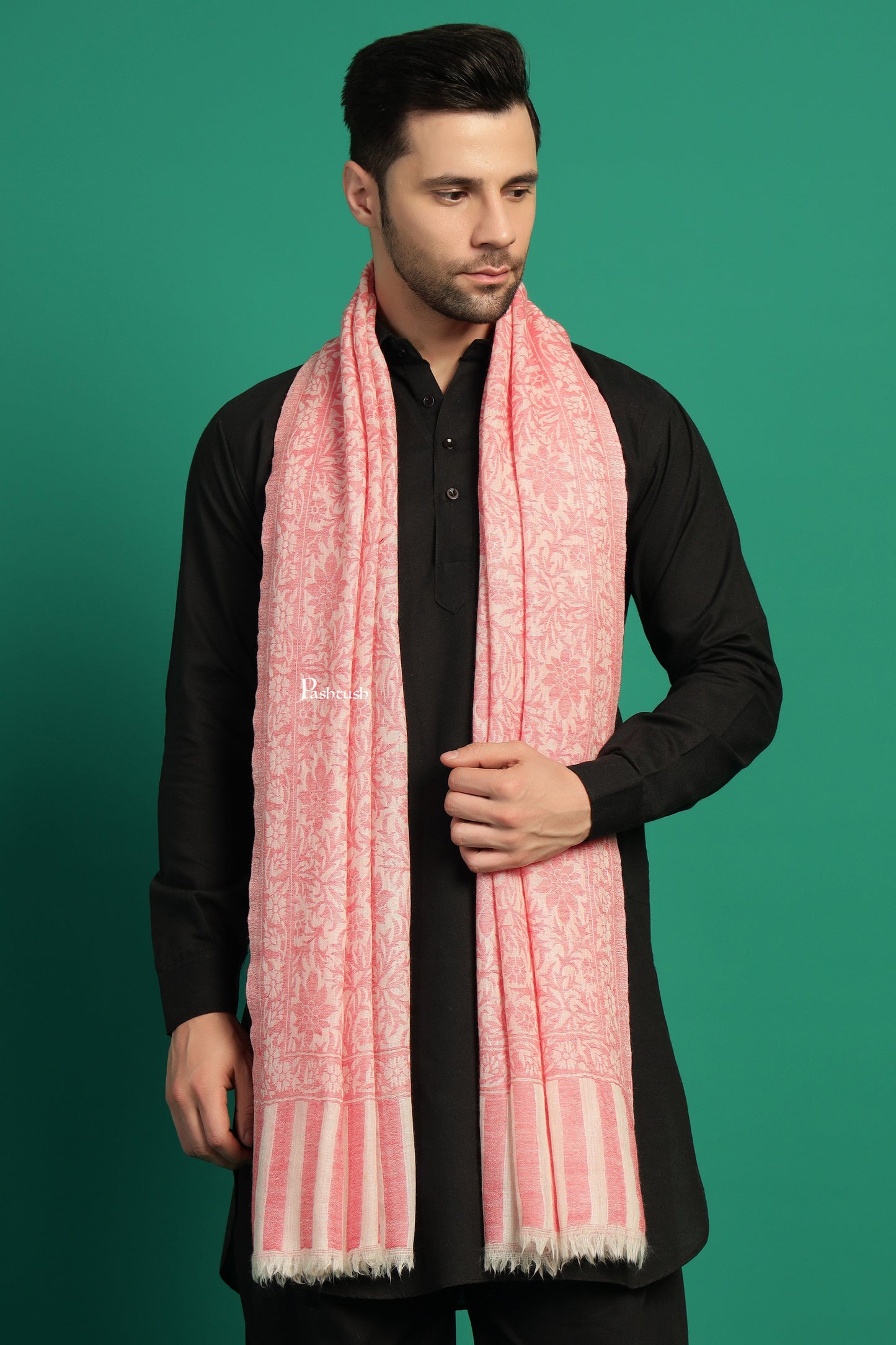 Pashtush India Mens Scarves Stoles and Mufflers Pashtush Mens 100% Pure Wool With Woolmark Certificate Stole, Pasiley Design, Ivory