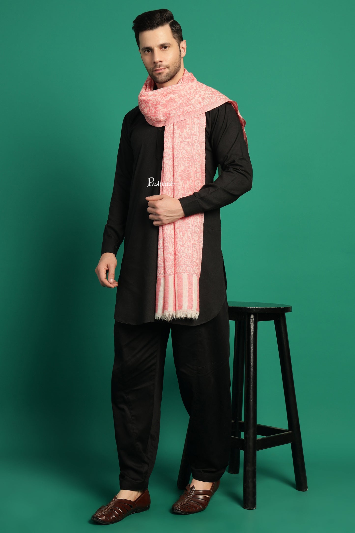 Pashtush India Mens Scarves Stoles and Mufflers Pashtush Mens 100% Pure Wool With Woolmark Certificate Stole, Pasiley Design, Ivory