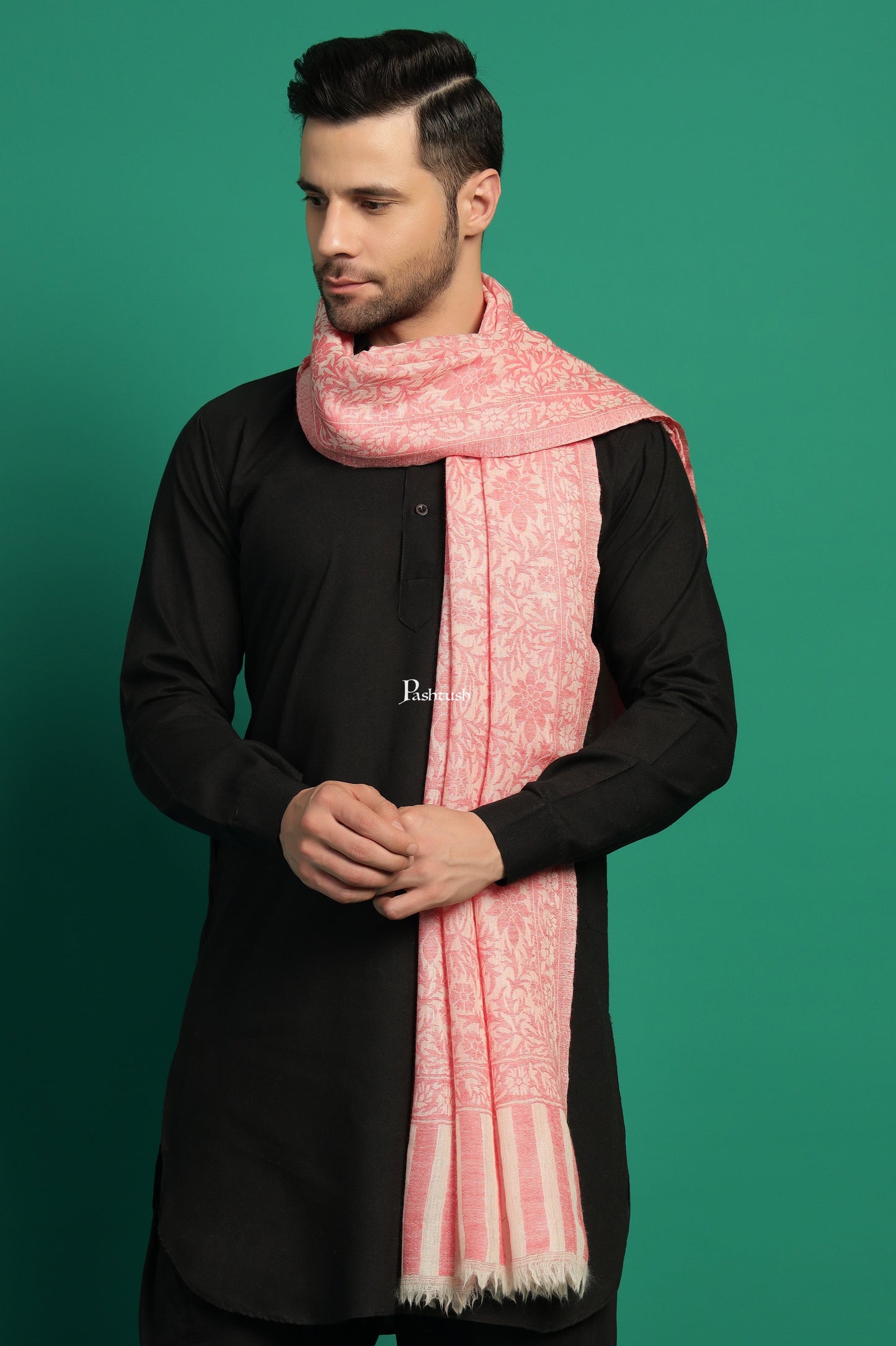 Pashtush India Mens Scarves Stoles and Mufflers Pashtush Mens 100% Pure Wool With Woolmark Certificate Stole, Pasiley Design, Ivory