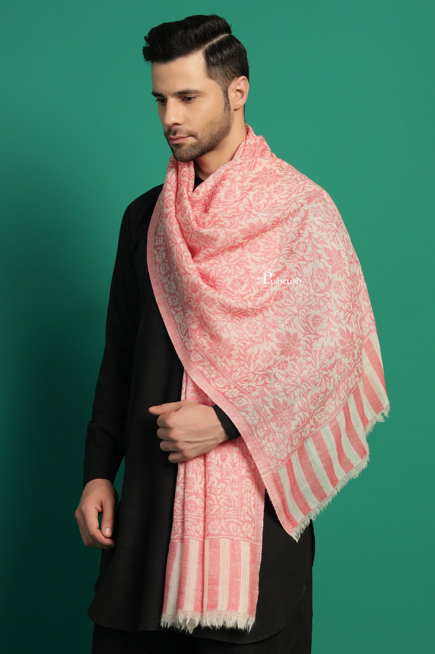 Pashtush India Mens Scarves Stoles and Mufflers Pashtush Mens 100% Pure Wool With Woolmark Certificate Stole, Pasiley Design, Ivory