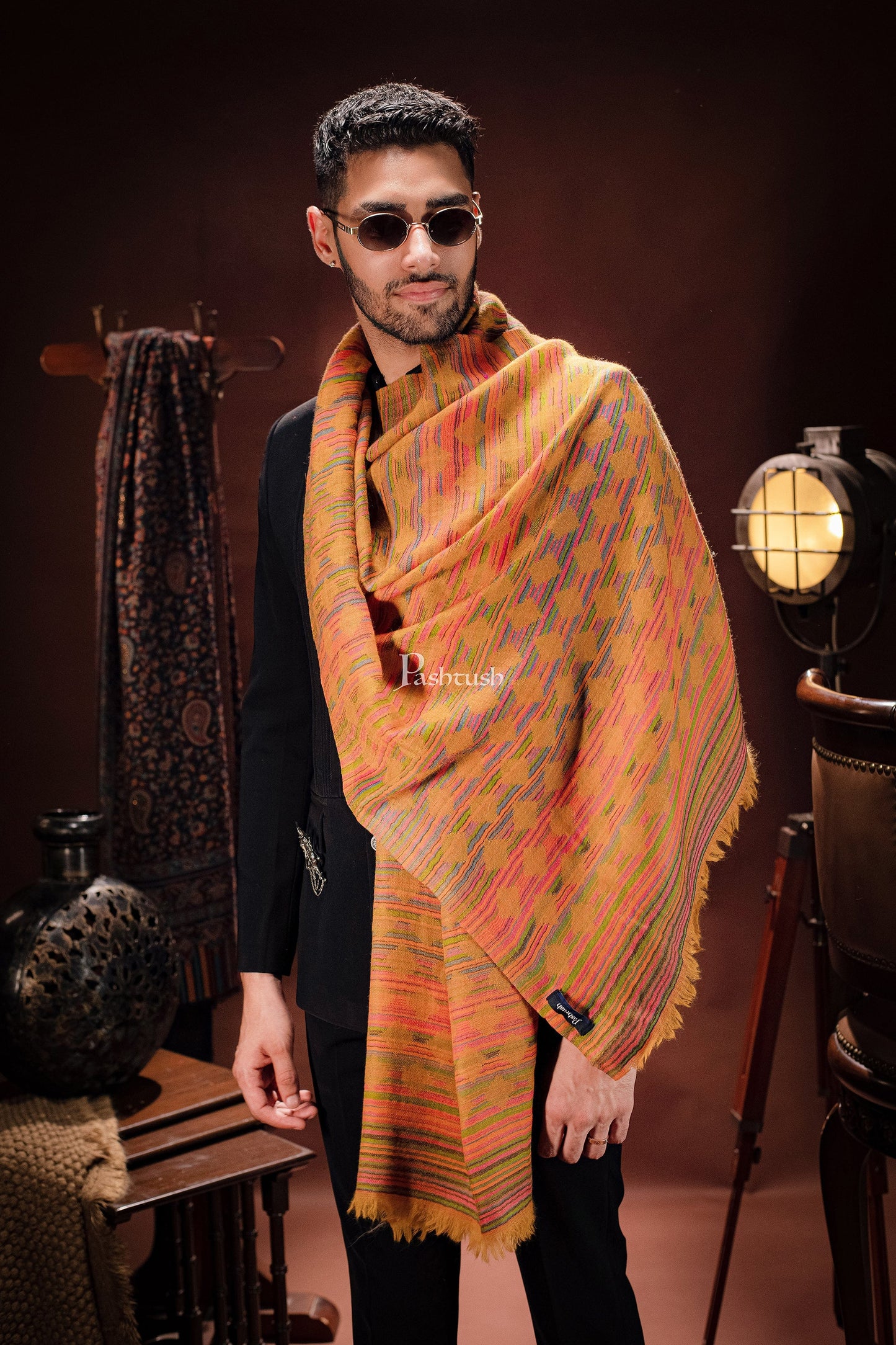 Pashtush India Mens Scarves Stoles and Mufflers Pashtush mens 100% Pure Wool with Woolmark Certificate stole, Reversible design, Mustard