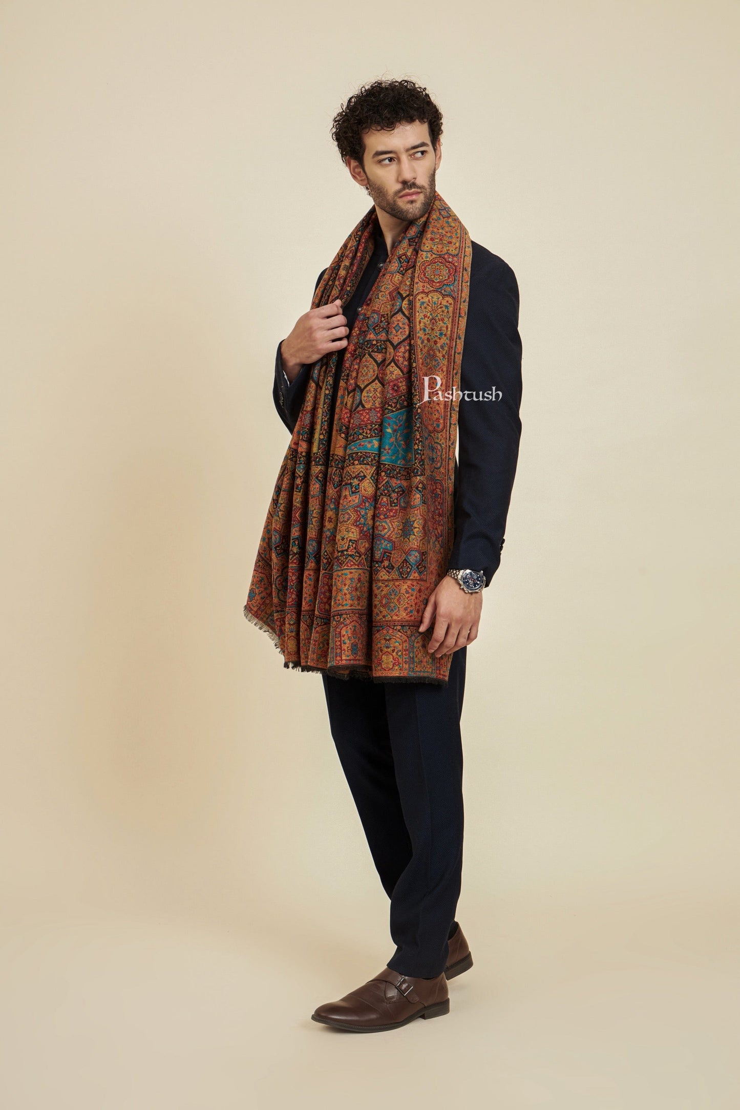 Pashtush India Mens Scarves Stoles and Mufflers Pashtush Mens 100% Pure Wool With Woolmark Certificate Stole, Rich Garden Aesthetic Design, Black