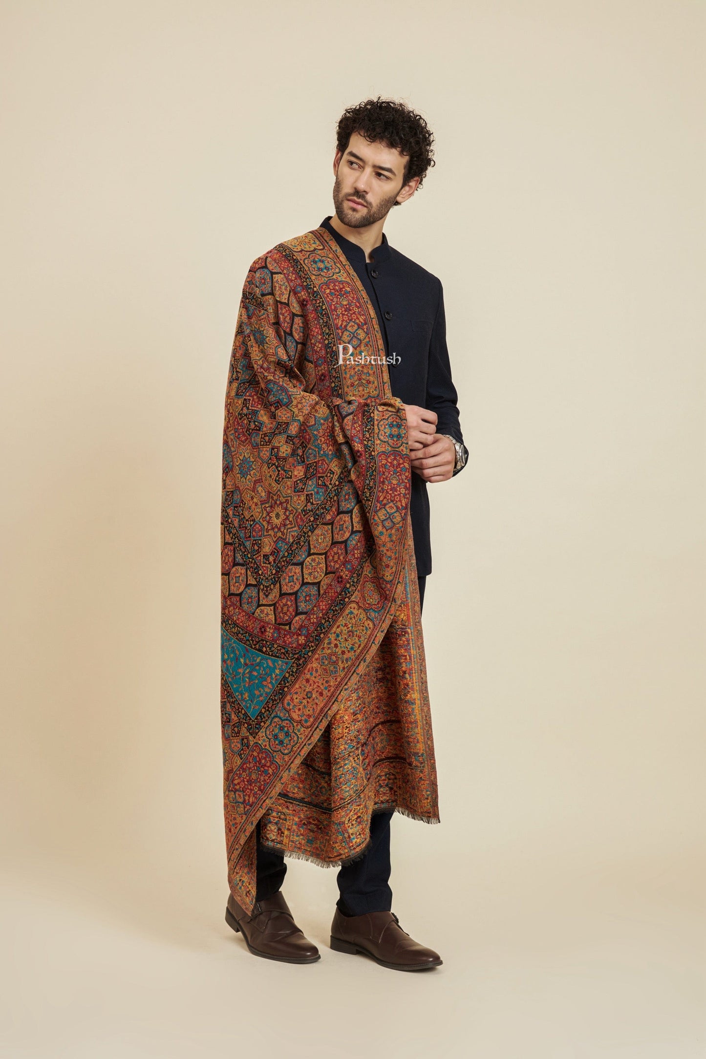 Pashtush India Mens Scarves Stoles and Mufflers Pashtush Mens 100% Pure Wool With Woolmark Certificate Stole, Rich Garden Aesthetic Design, Black