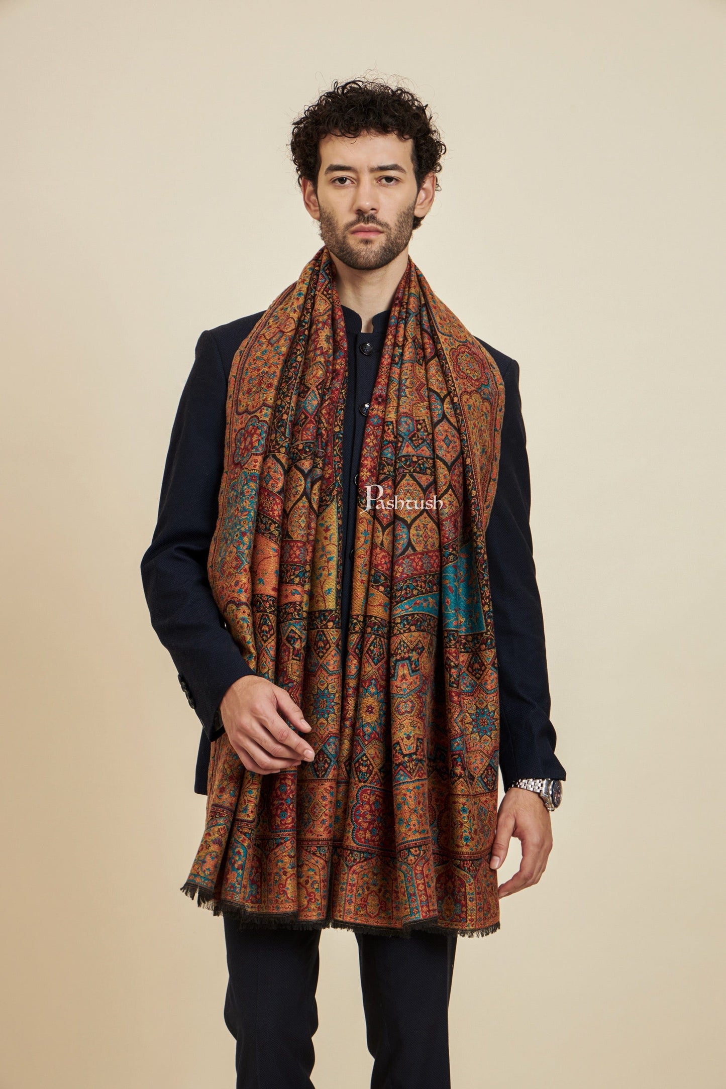 Pashtush India Mens Scarves Stoles and Mufflers Pashtush Mens 100% Pure Wool With Woolmark Certificate Stole, Rich Garden Aesthetic Design, Black