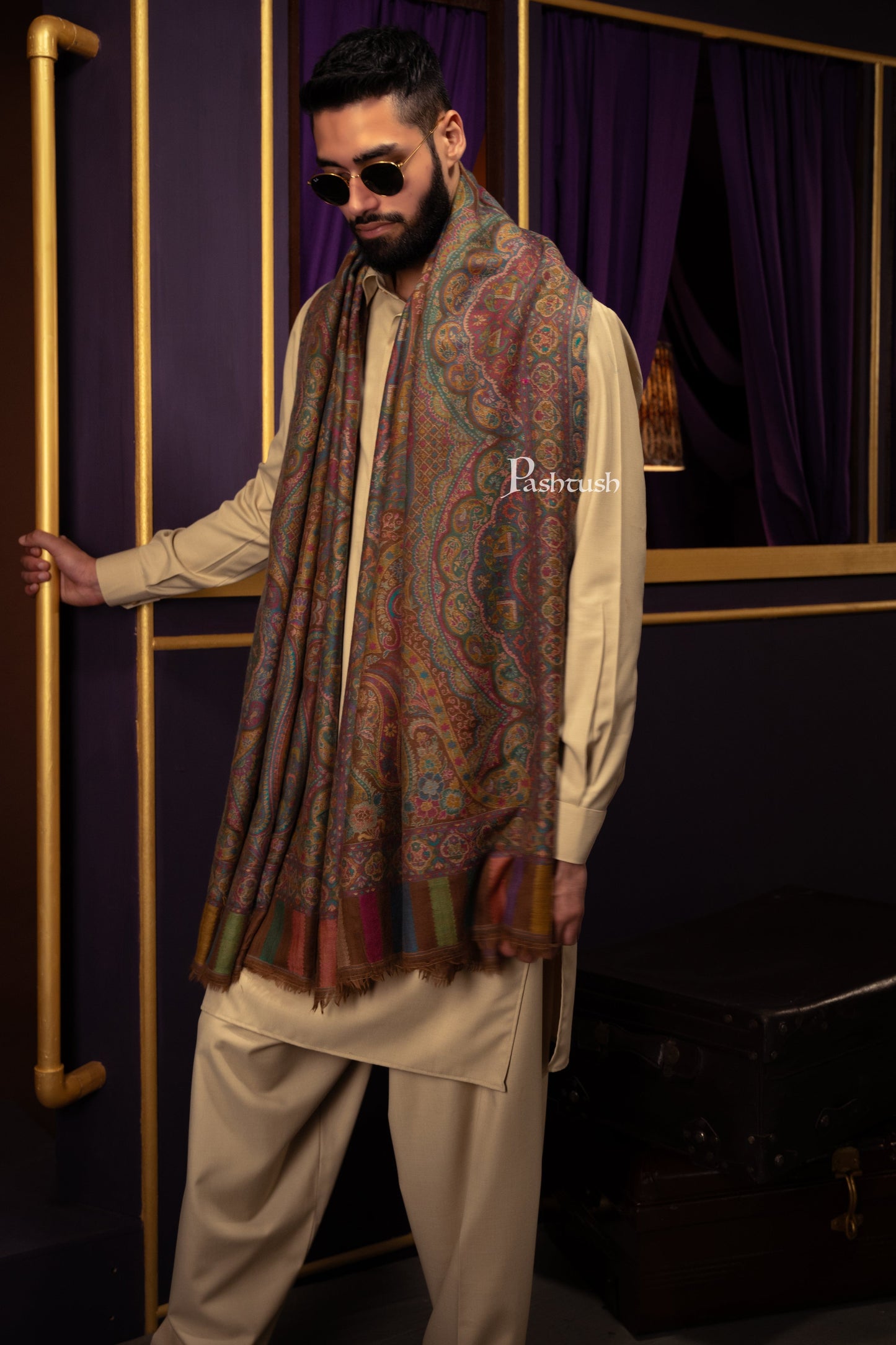 Pashtush India Mens Scarves Stoles and Mufflers Pashtush Mens 100% Pure Wool With Woolmark Certificate Stole, Woven Paisley Weave Design, Coffee