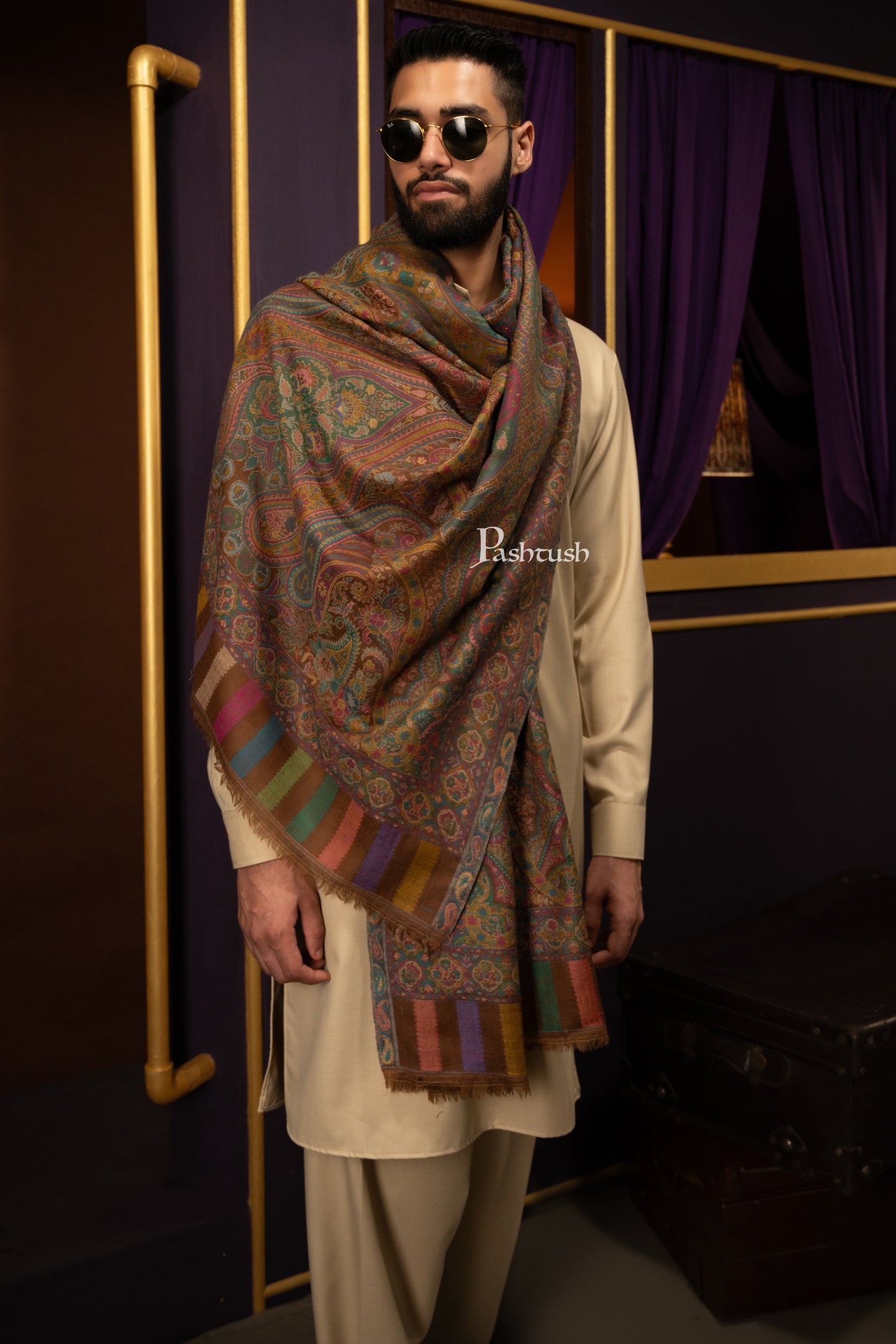 Pashtush India Mens Scarves Stoles and Mufflers Pashtush Mens 100% Pure Wool With Woolmark Certificate Stole, Woven Paisley Weave Design, Coffee