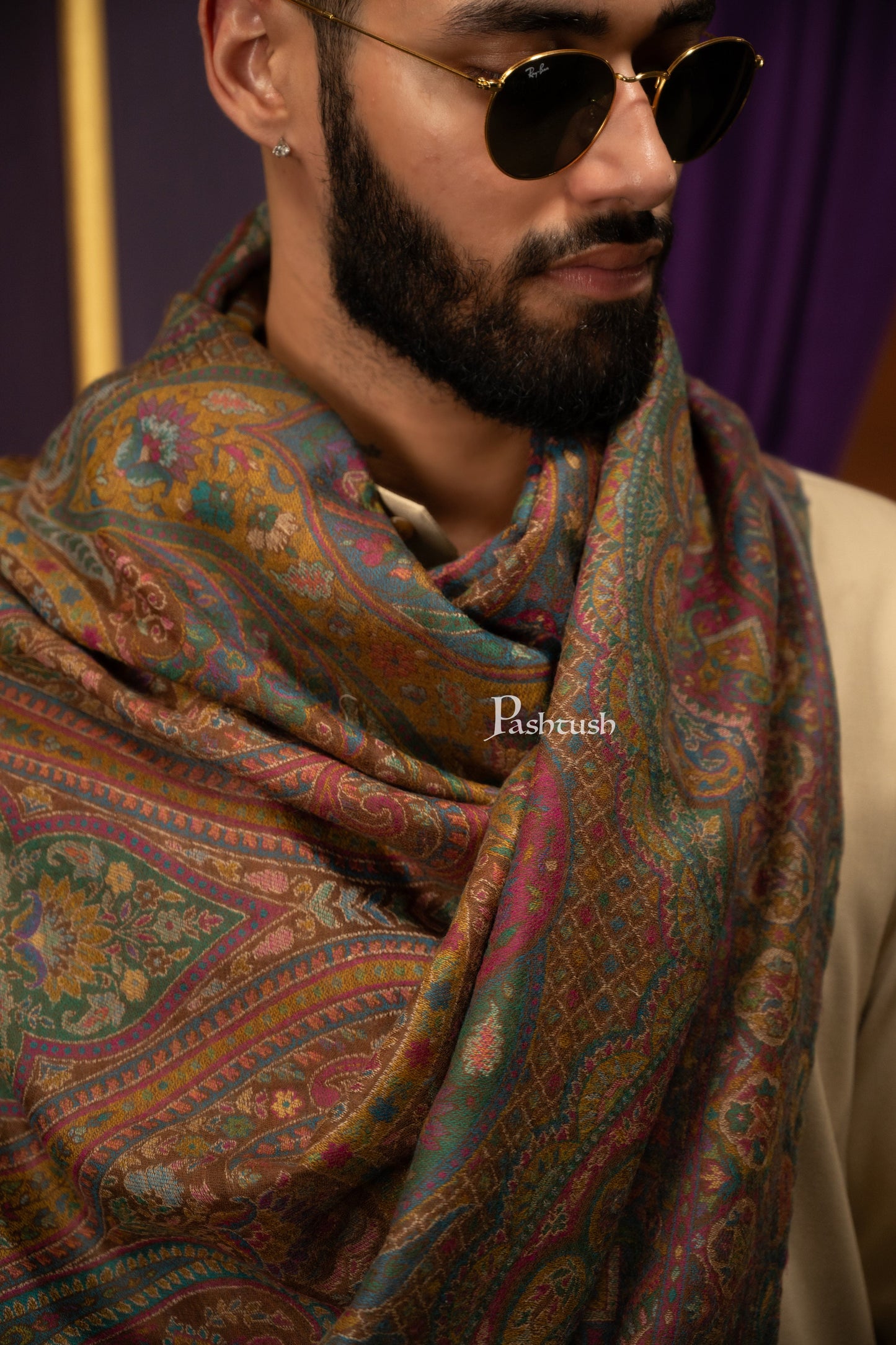 Pashtush India Mens Scarves Stoles and Mufflers Pashtush Mens 100% Pure Wool With Woolmark Certificate Stole, Woven Paisley Weave Design, Coffee