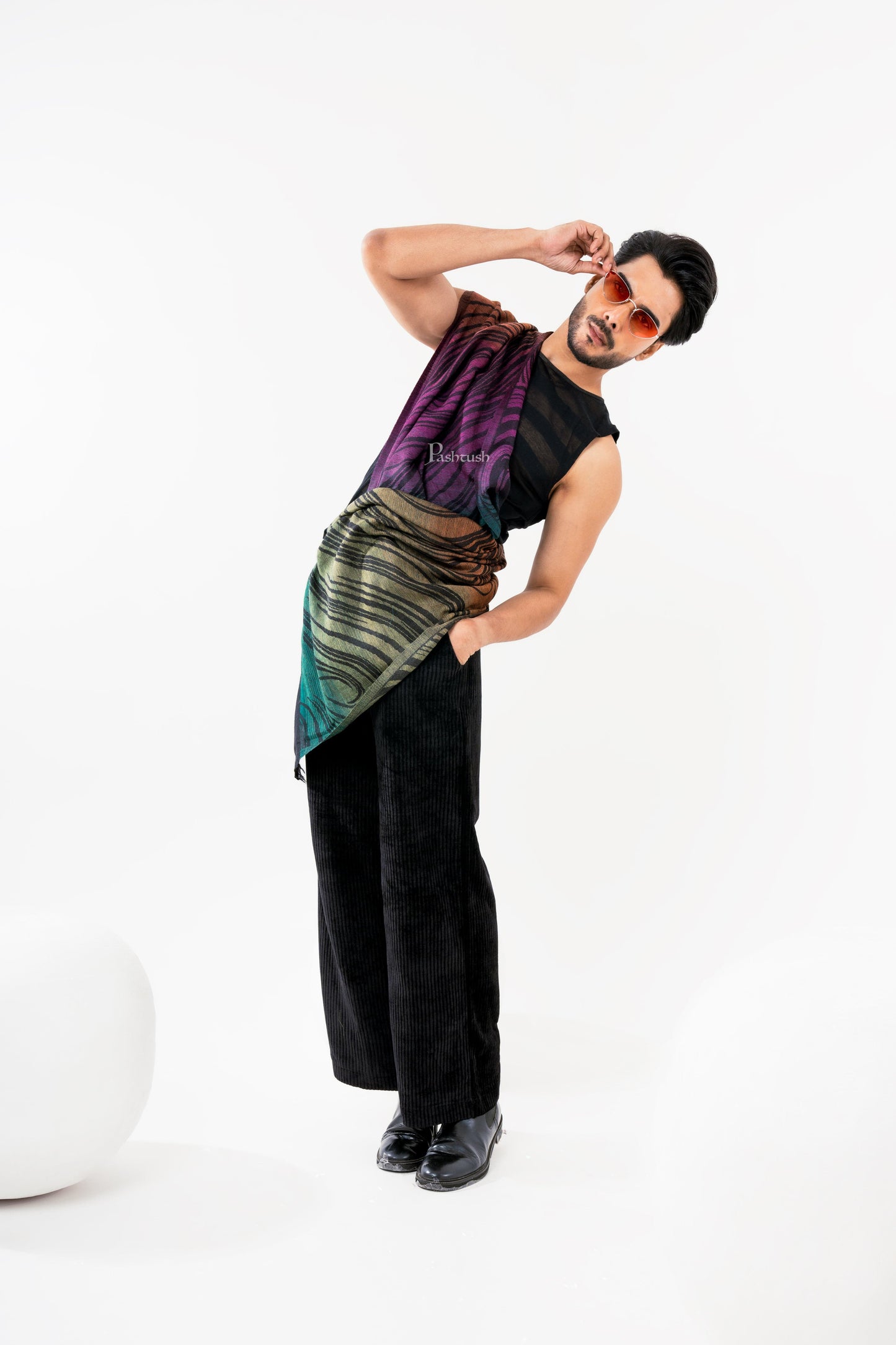 Pashtush India Mens Scarves Stoles and Mufflers Pashtush Mens 100% Pure Wool With Woolmark Certificate Stole, Yaro Slings Dandy Spring Design, Black