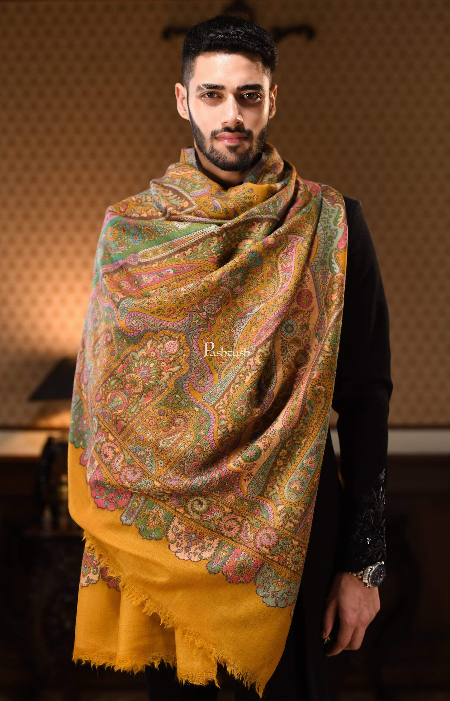 Pashtush India 100x200 Pashtush Mens 100% Pure Wool, Woven Kalamkari Design Shawl, Kashmiri Mustard