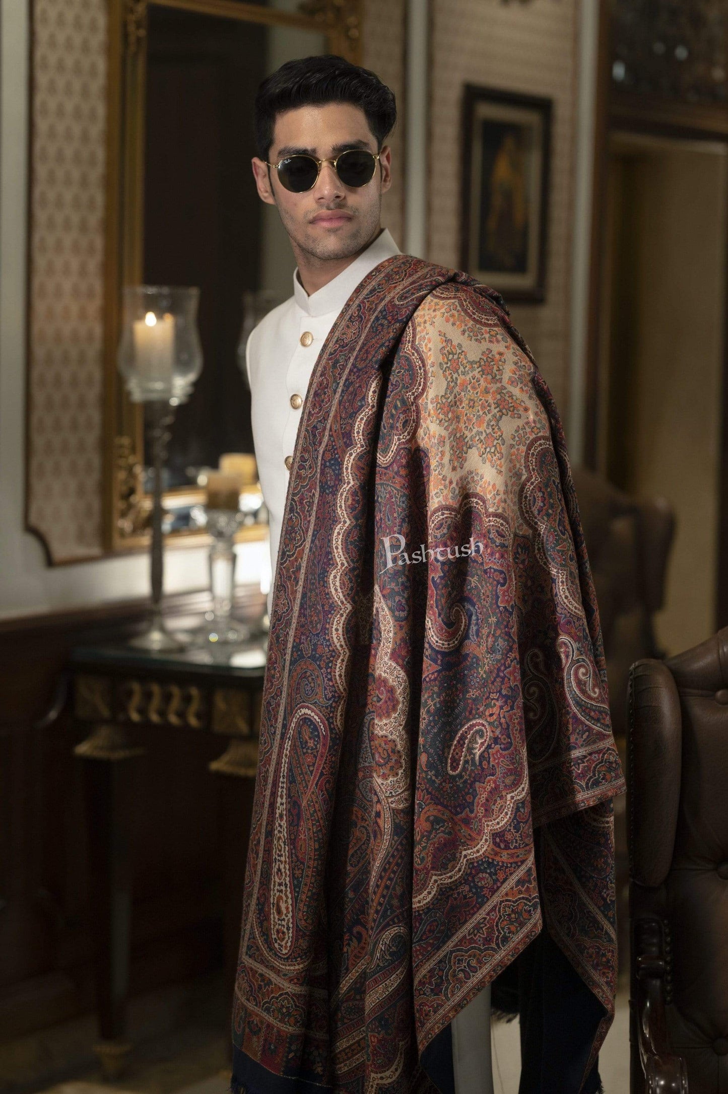 Pashtush India 100x200 Pashtush Mens Antique Look Heritage Design, Jamawar Shawl