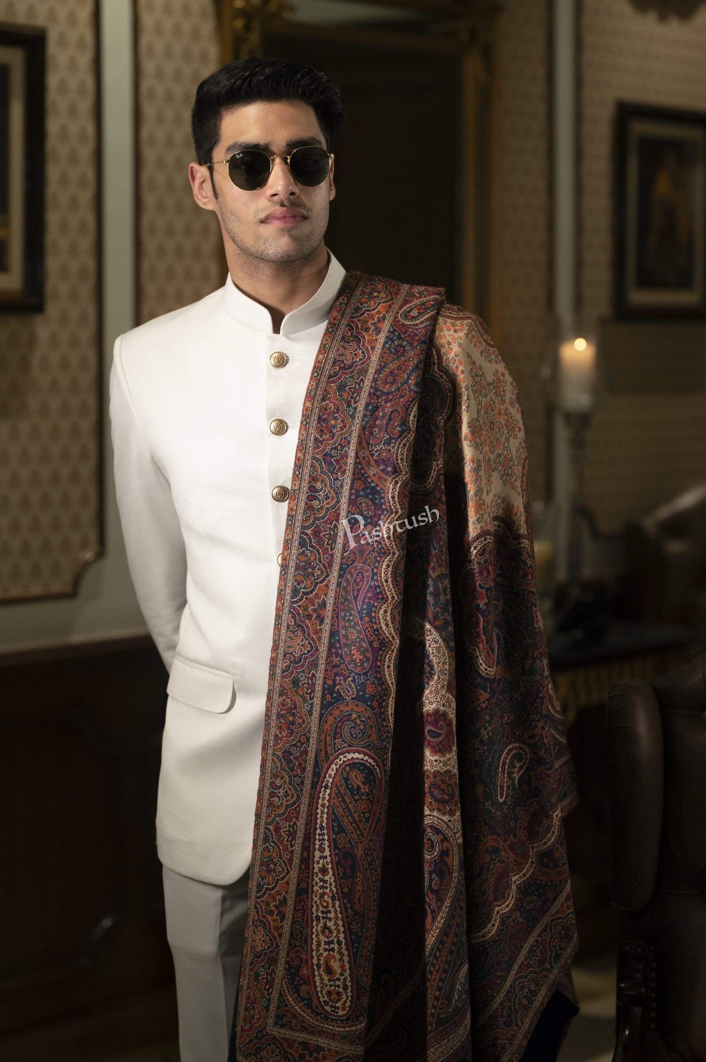 Pashtush India 100x200 Pashtush Mens Antique Look Heritage Design, Jamawar Shawl