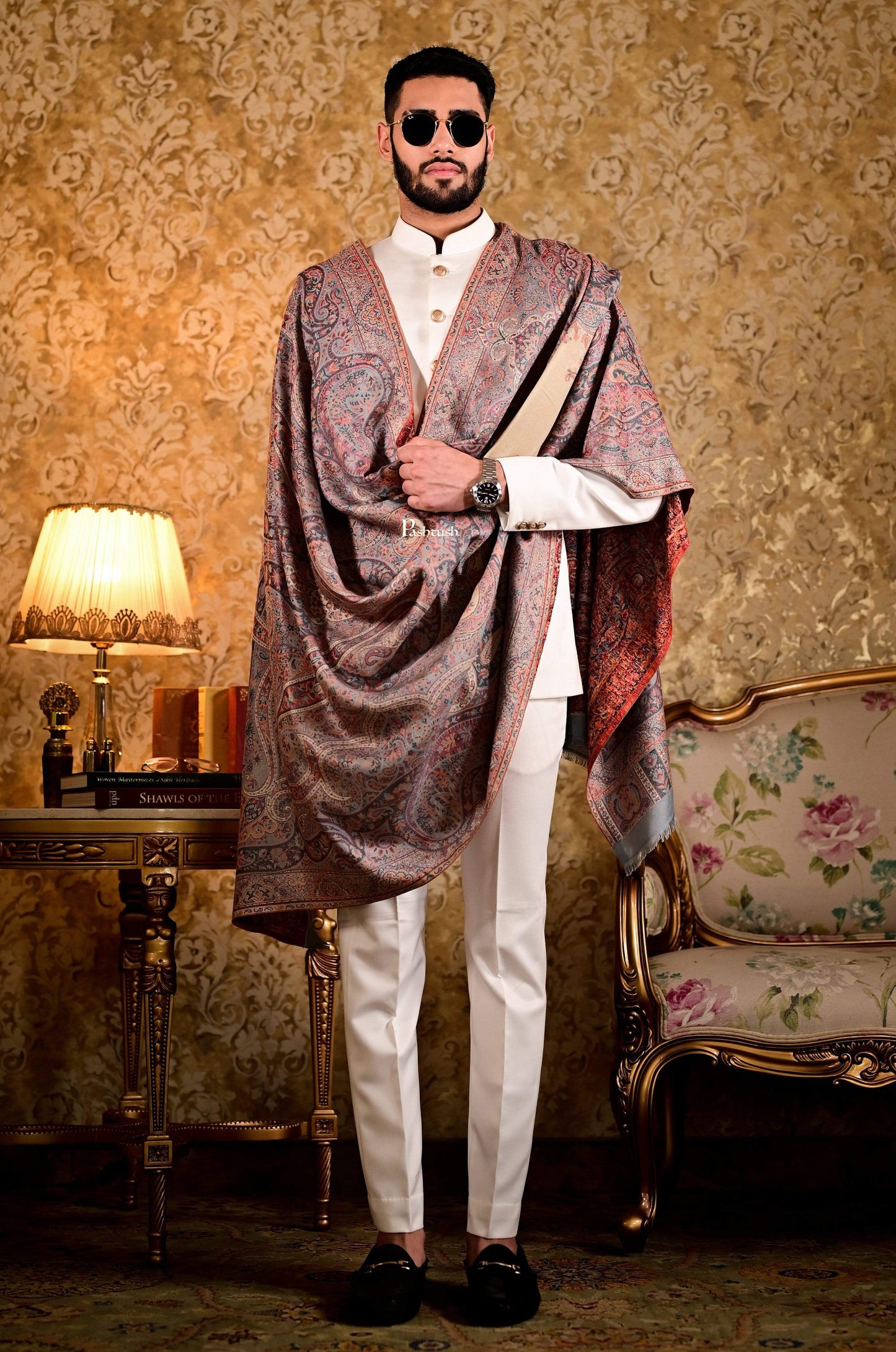 Pashtush India 100x200 Pashtush Mens Antique Look Heritage Design, Jamawar Stole