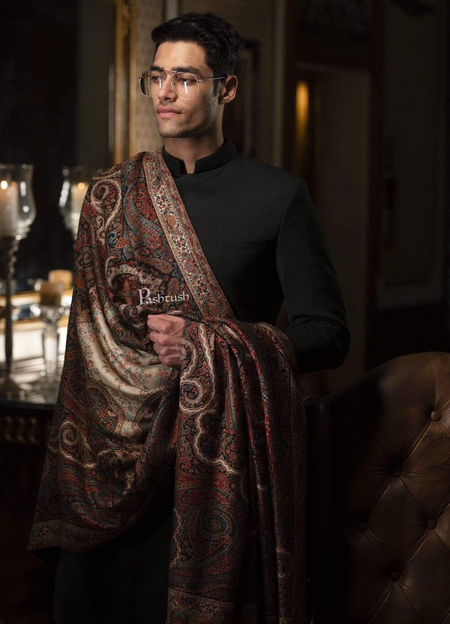 Pashtush India 100x200 Pashtush Mens Antique Look Heritage Design, Jamawar Shawl, Fine Wool