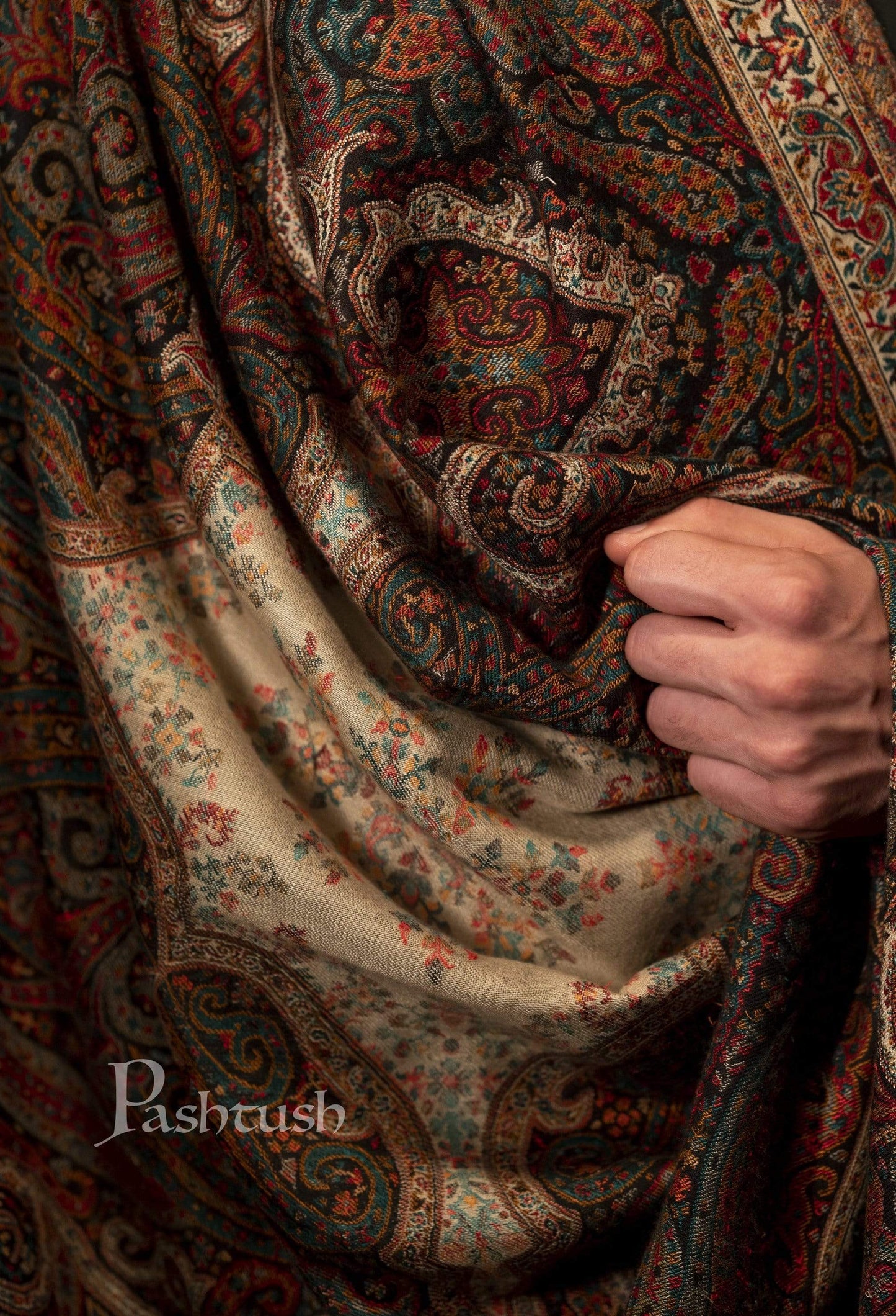 Pashtush India 100x200 Pashtush Mens Antique Look Heritage Design, Jamawar Stole, Fine Wool