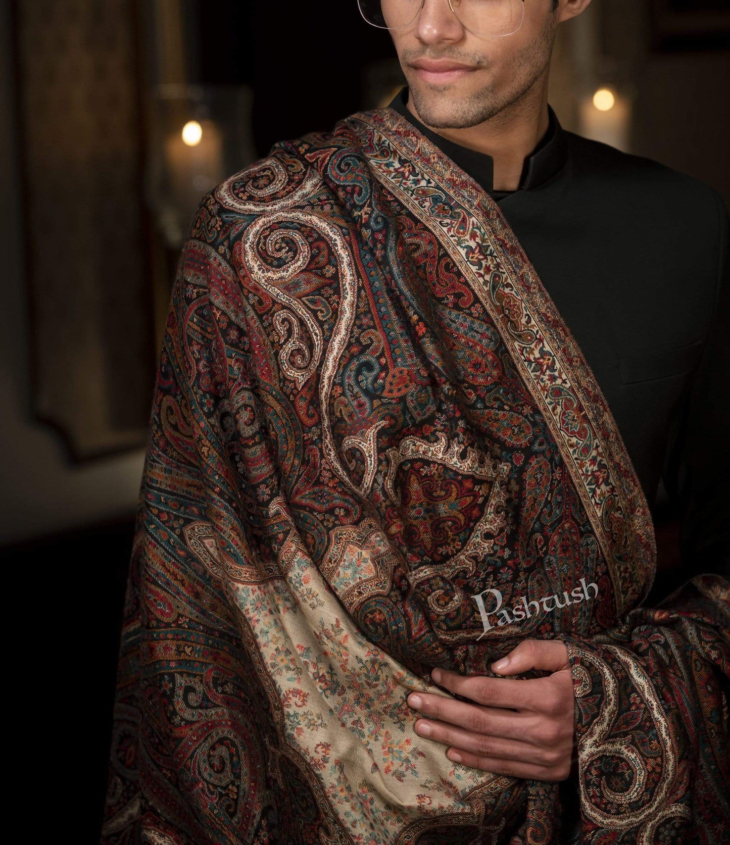 Pashtush India 100x200 Pashtush Mens Antique Look Heritage Design, Jamawar Stole, Fine Wool