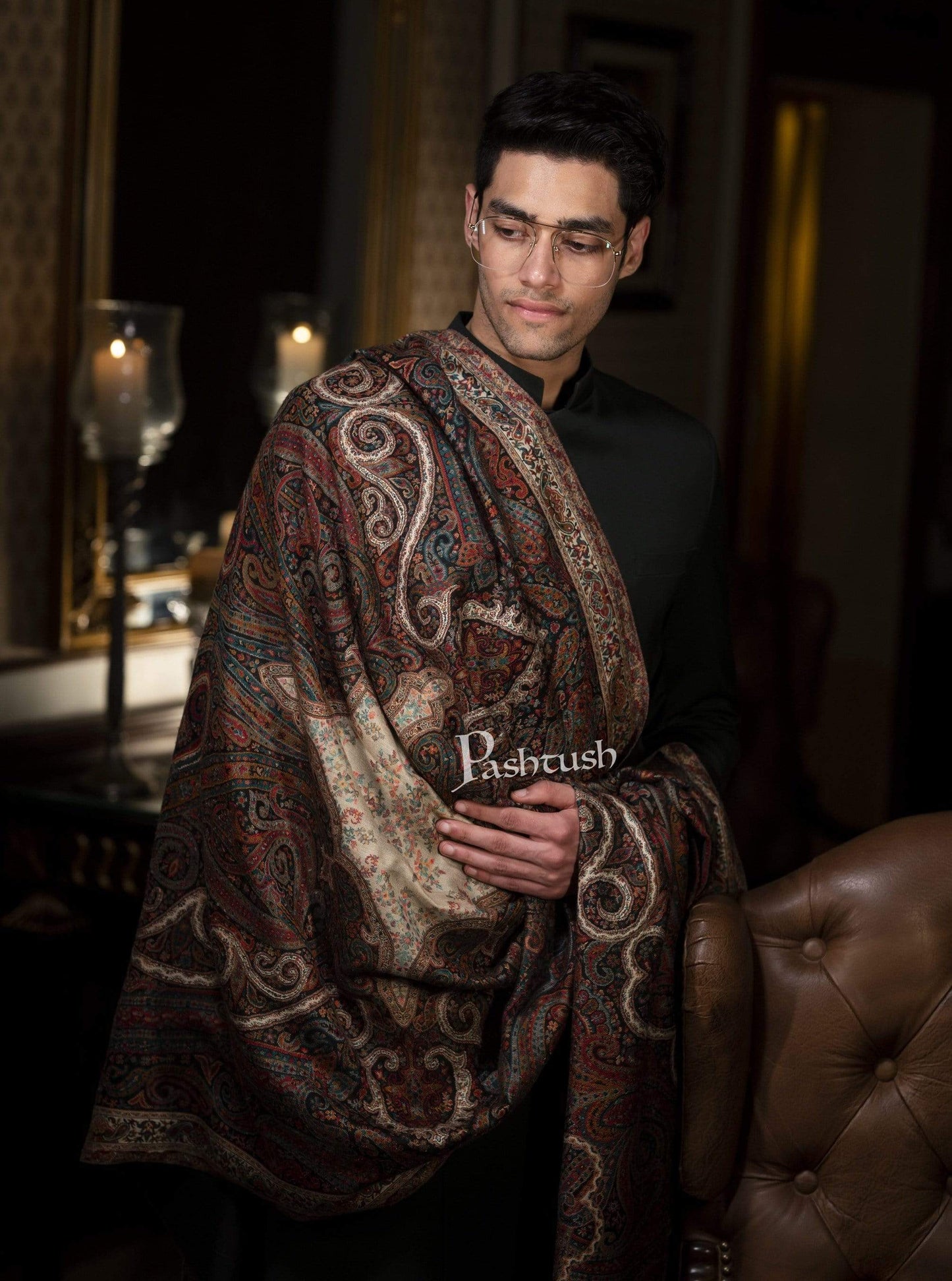 Pashtush India 100x200 Pashtush Mens Antique Look Heritage Design, Jamawar Stole, Fine Wool