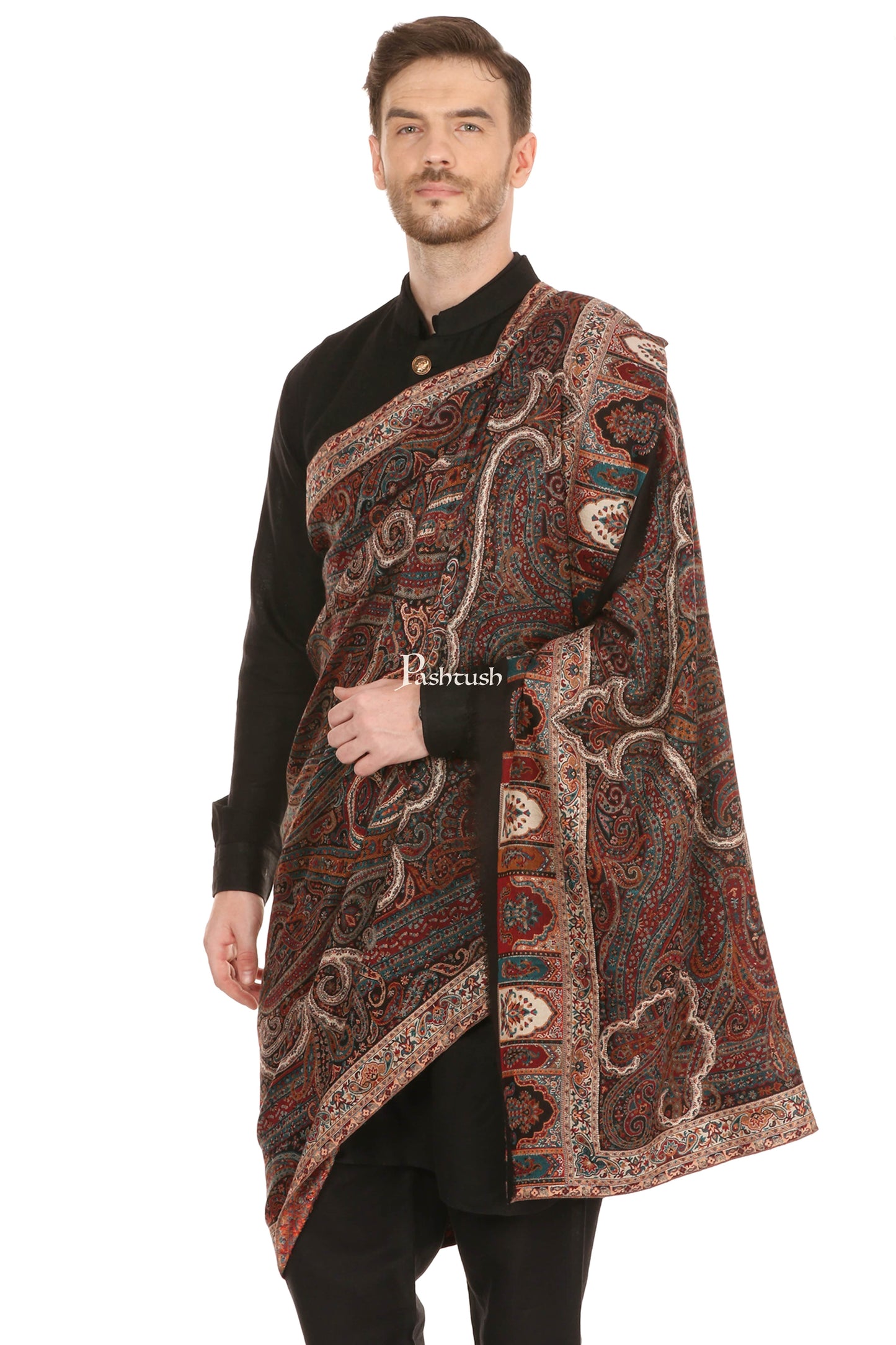 Pashtush India Mens Scarves Stoles and Mufflers Pashtush Mens Antique Look Heritage Design, Jamawar Stole, Fine Wool