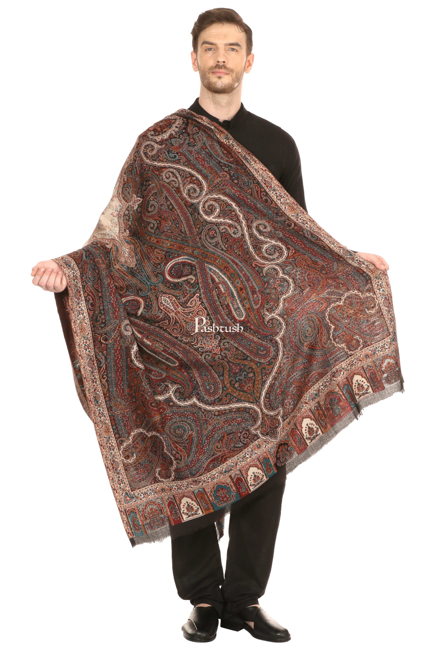 Pashtush India Mens Scarves Stoles and Mufflers Pashtush Mens Antique Look Heritage Design, Jamawar Stole, Fine Wool