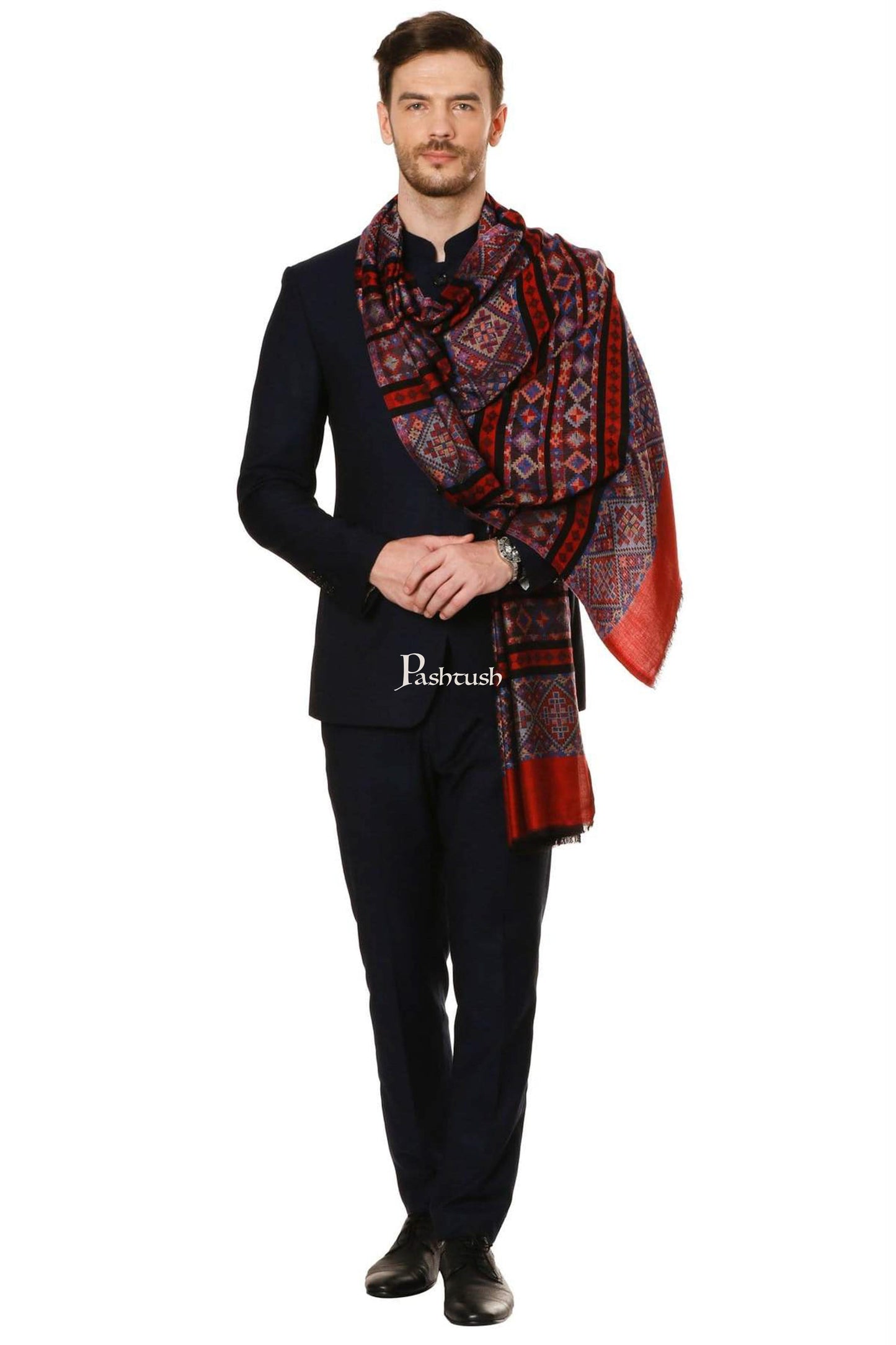 Pashtush India Mens Scarves Stoles and Mufflers Pashtush Mens Aztec Fine Bamboo Soft Ethnic Stole - Maroon