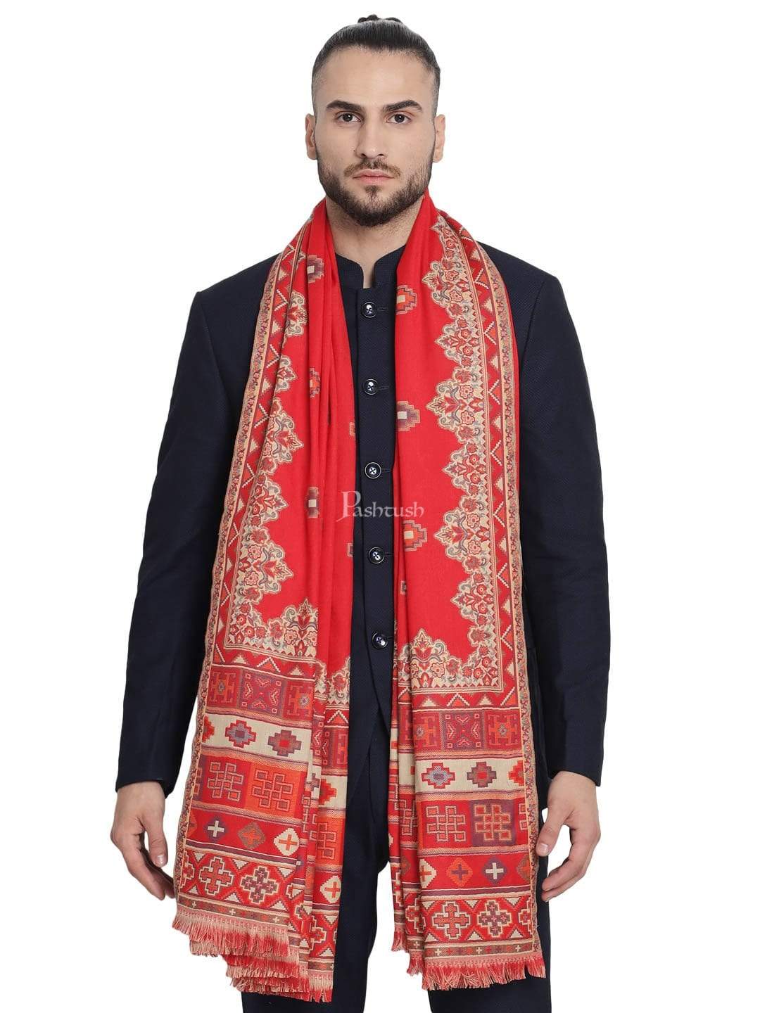 Pashtush India 100x200 Pashtush Mens Aztec Jamawar Stole, Faux Pashmina Maroon