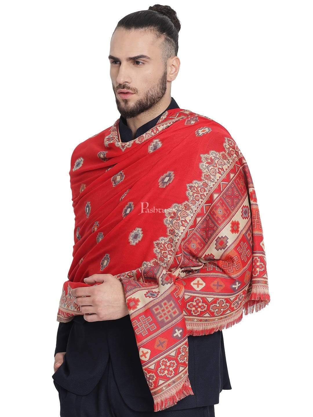 Pashtush India 100x200 Pashtush Mens Aztec Jamawar Stole, Faux Pashmina Maroon