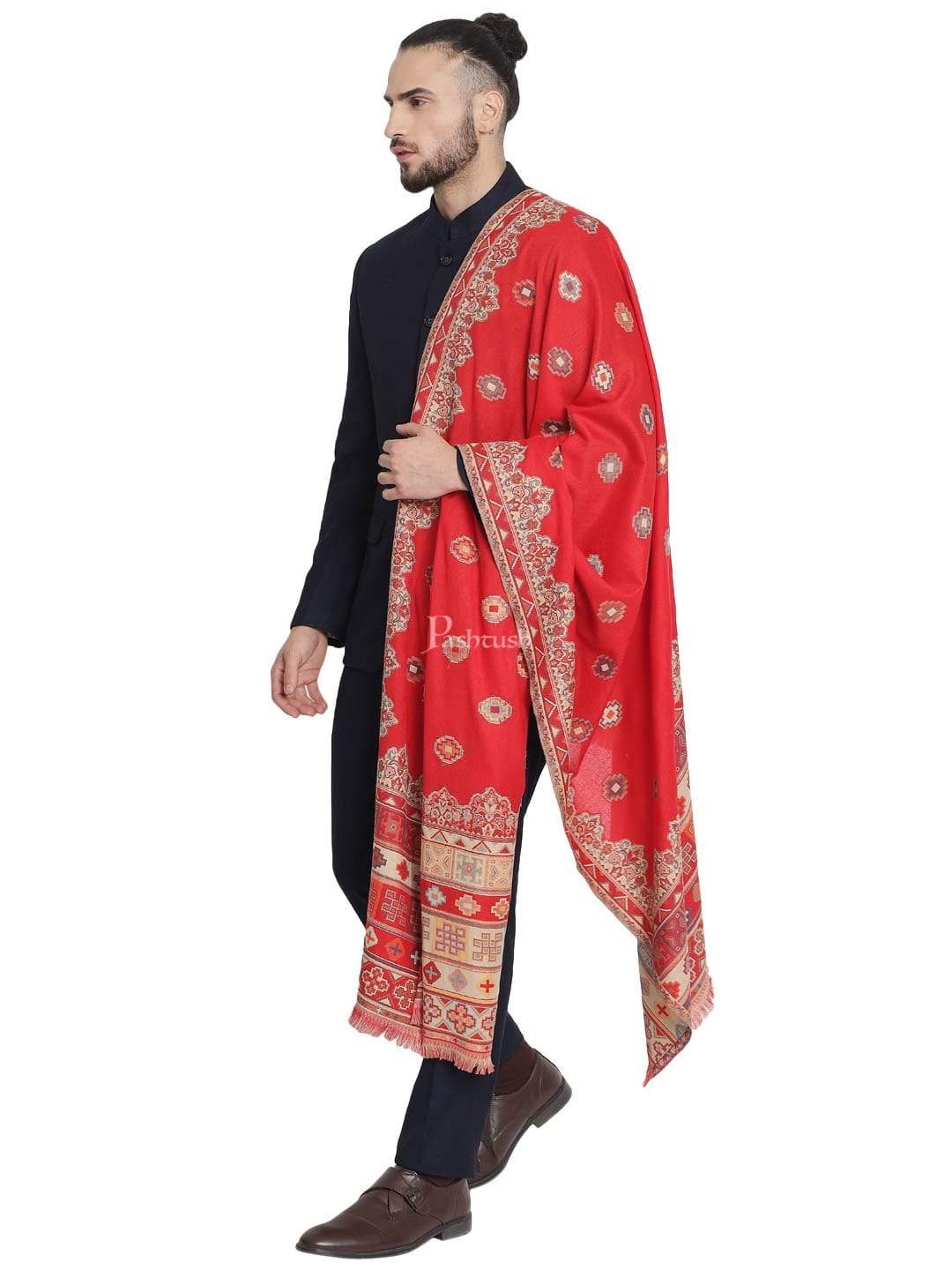 Pashtush India 100x200 Pashtush Mens Aztec Jamawar Stole, Faux Pashmina Maroon