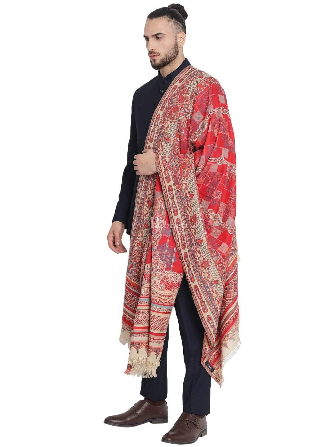 Pashtush India 100x200 Pashtush Mens Aztec Jamawar Stole, Faux Pashmina - Maroon