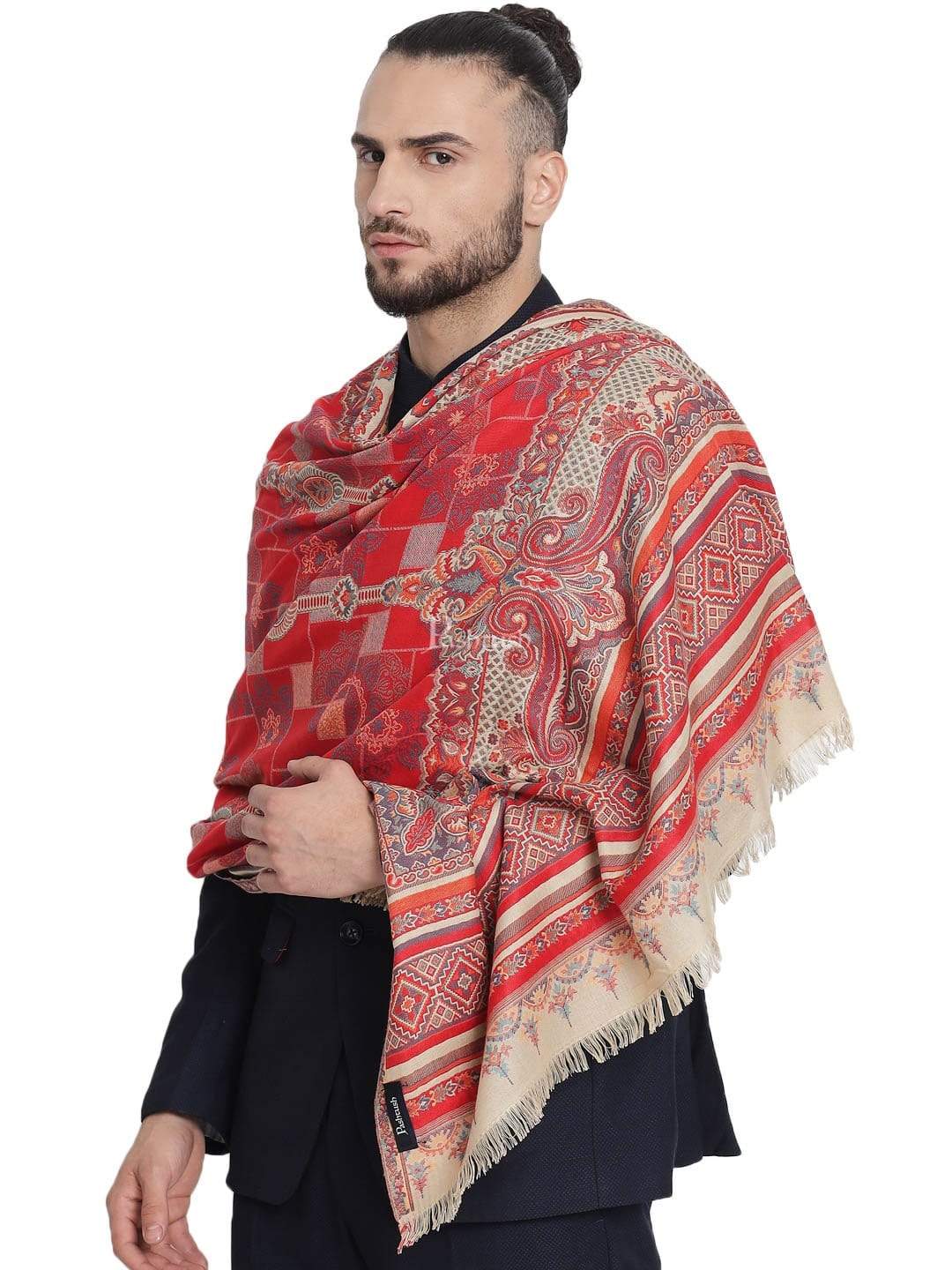 Pashtush India 100x200 Pashtush Mens Aztec Jamawar Stole, Faux Pashmina - Maroon