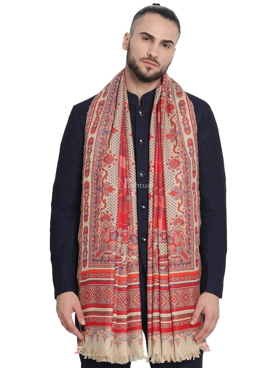 Pashtush India 100x200 Pashtush Mens Aztec Jamawar Stole, Faux Pashmina - Maroon
