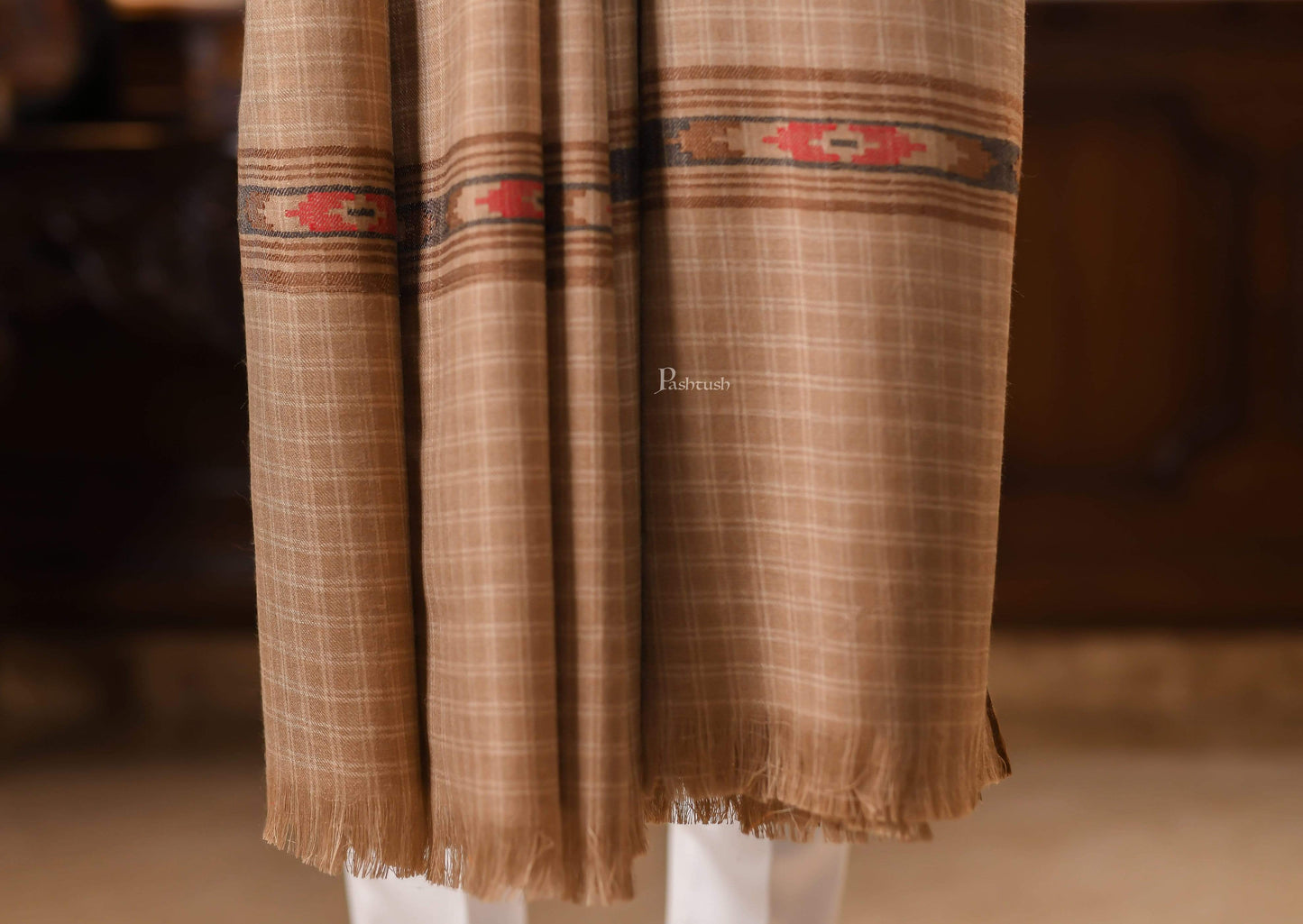 Pashtush India 127x254 Pashtush Mens Aztec Weave Shawl With Checkered Weave, Beige