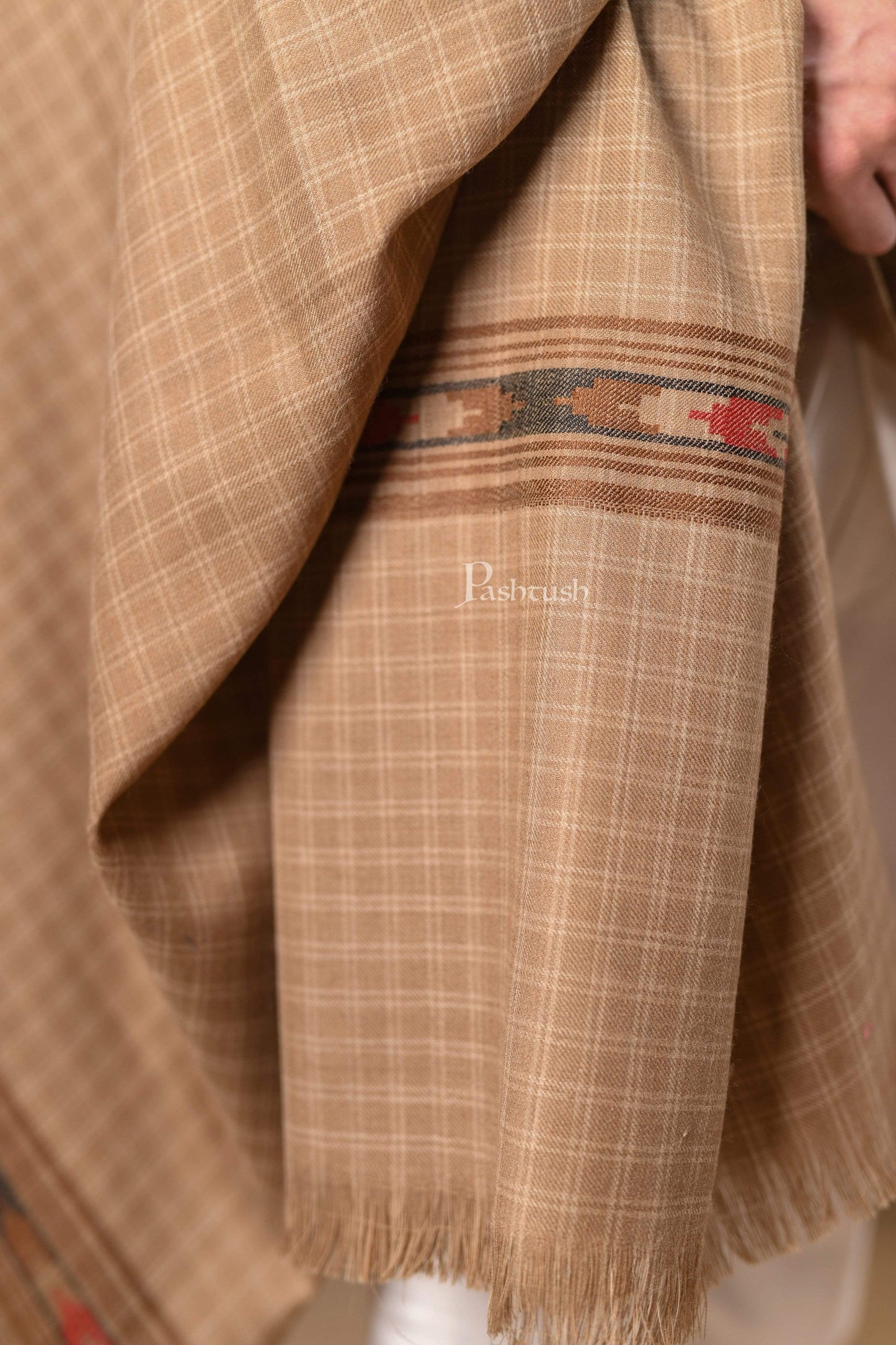 Pashtush India 127x254 Pashtush Mens Aztec Weave Shawl With Checkered Weave, Beige