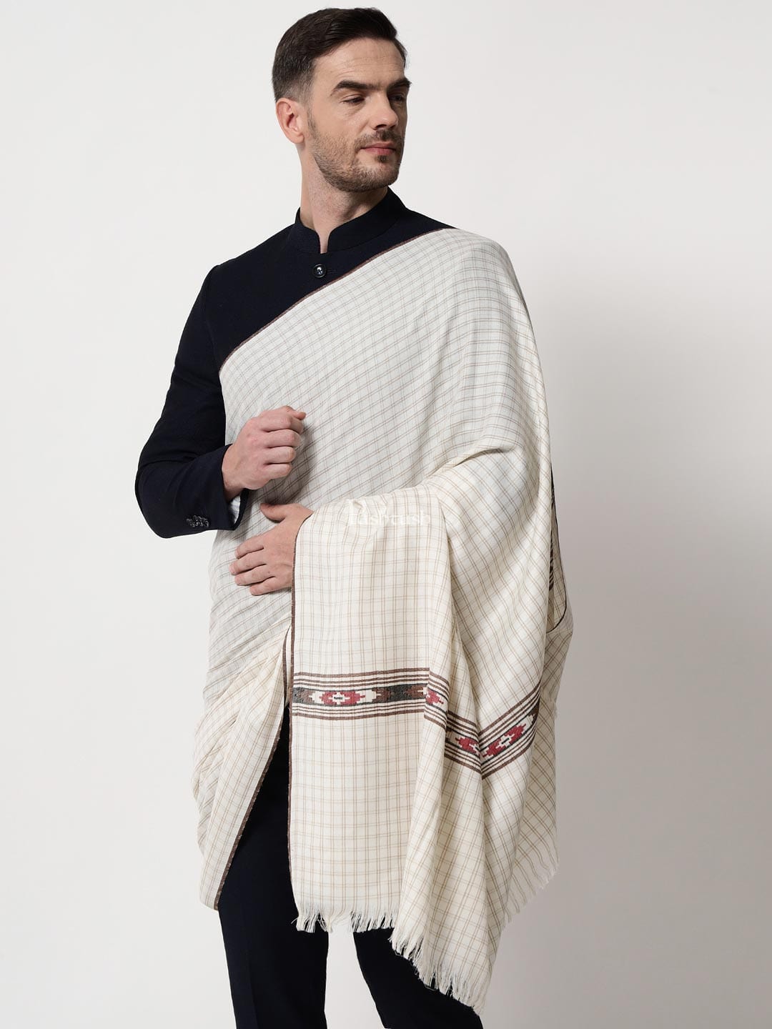 Pashtush India Mens Shawls Gents Shawl Pashtush Mens Aztec Weave Shawl With Checkered Weave, White