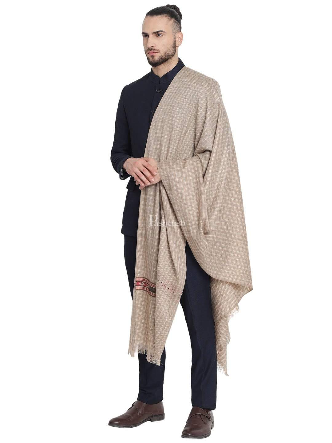 Pashtush India 100x200 Pashtush Mens Aztec Weave Stole from Himachal, Beige