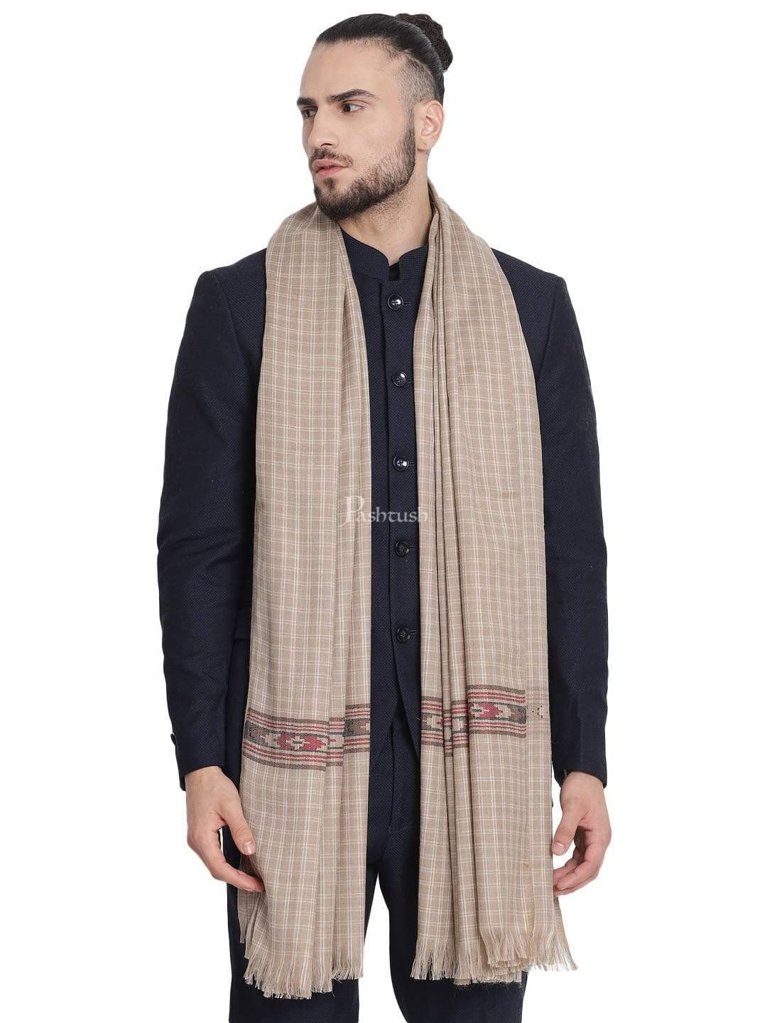 Pashtush India 100x200 Pashtush Mens Aztec Weave Stole from Himachal, Beige
