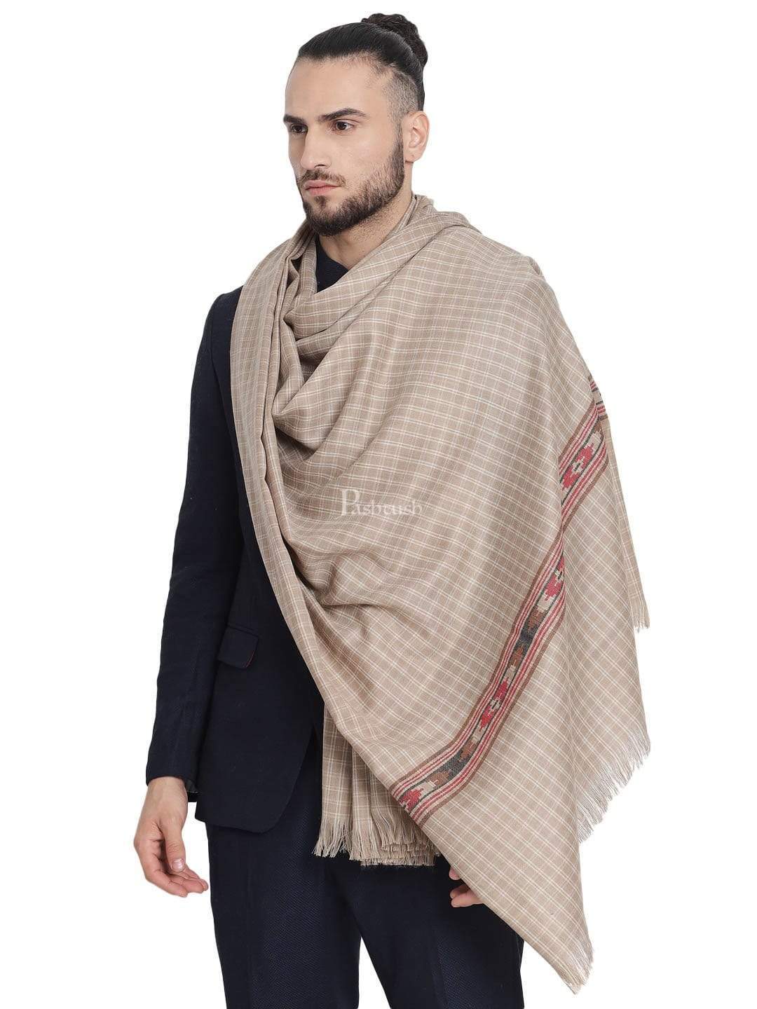 Pashtush India 100x200 Pashtush Mens Aztec Weave Stole from Himachal, Beige