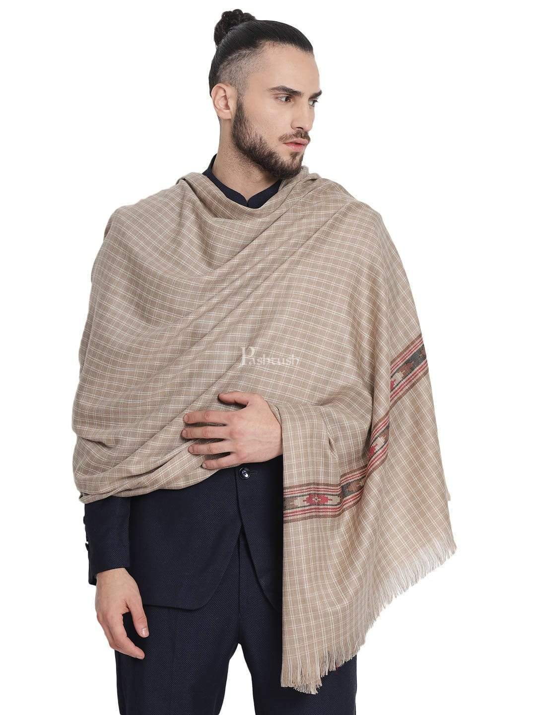 Pashtush India 100x200 Pashtush Mens Aztec Weave Stole from Himachal, Beige