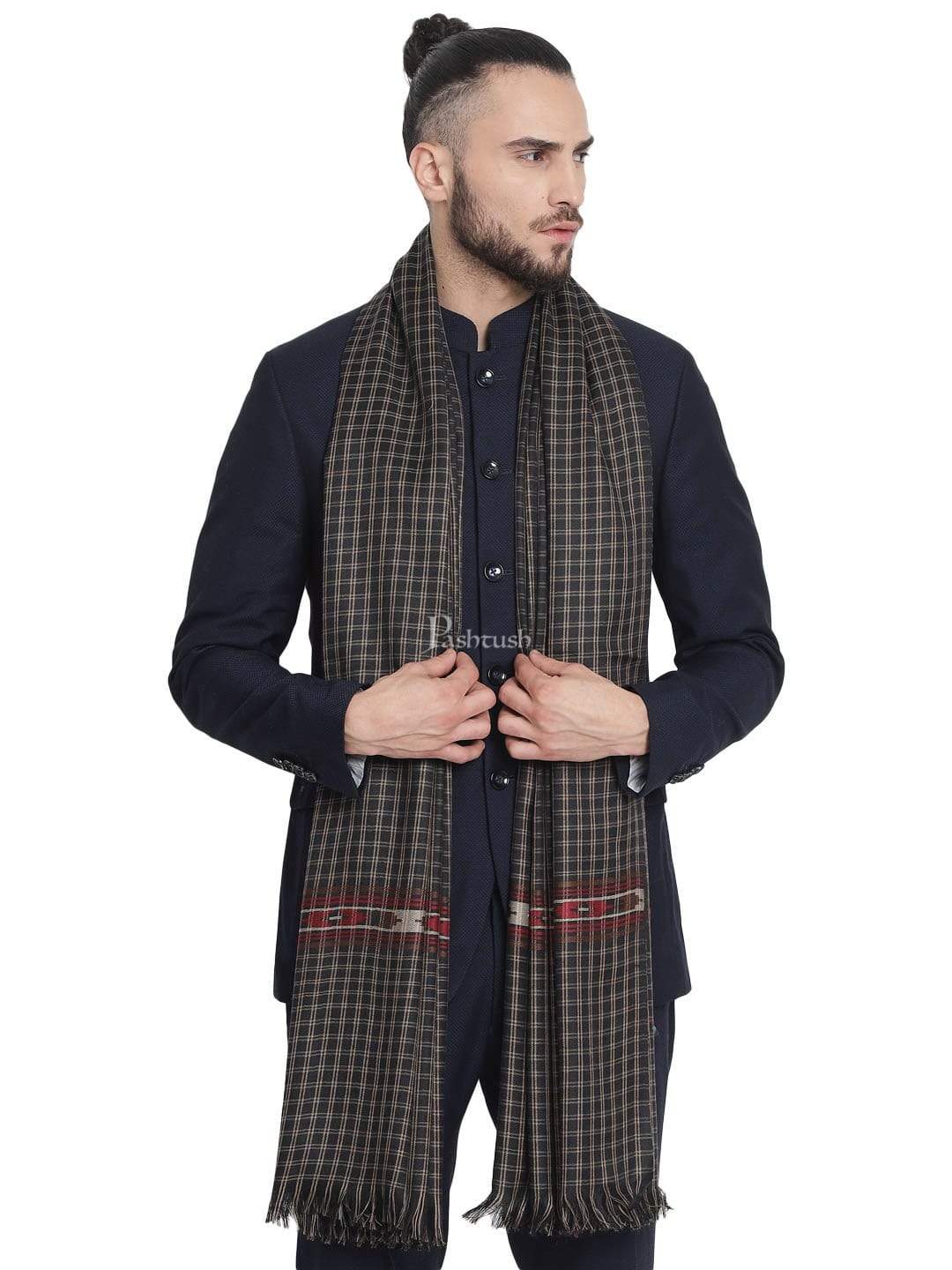 Pashtush India 100x200 Pashtush Mens Aztec Weave Stole, from Himachal, Black