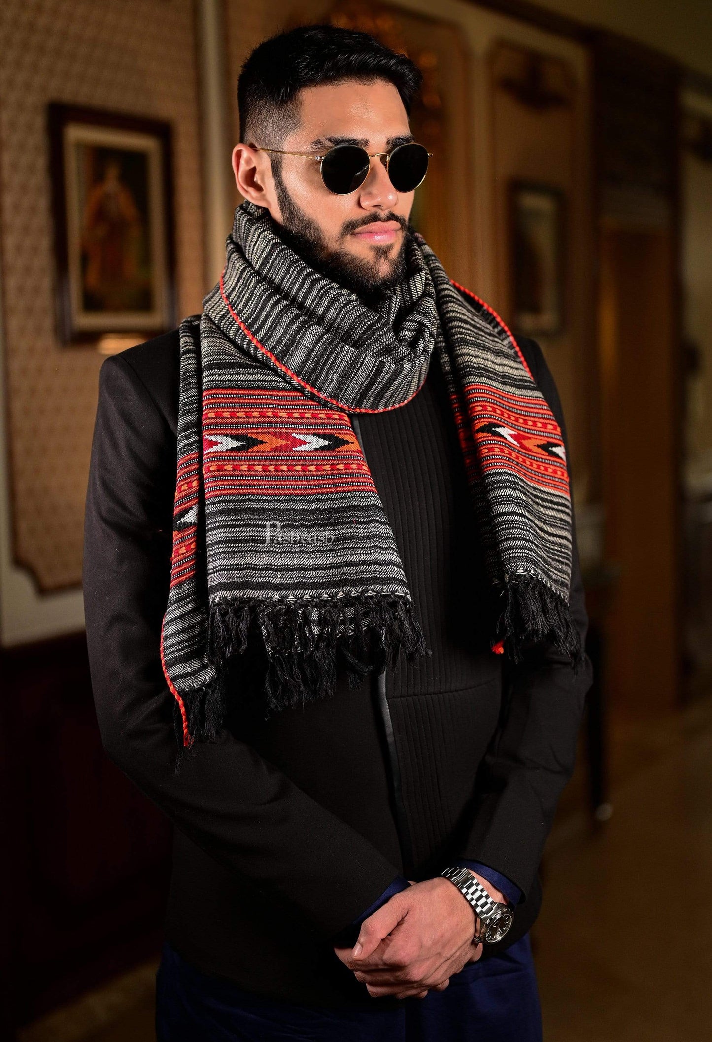 Pashtush India 70x200 Pashtush Mens Aztec Wool, Authentic 100% Handwoven Stole, Extra Warm, grey