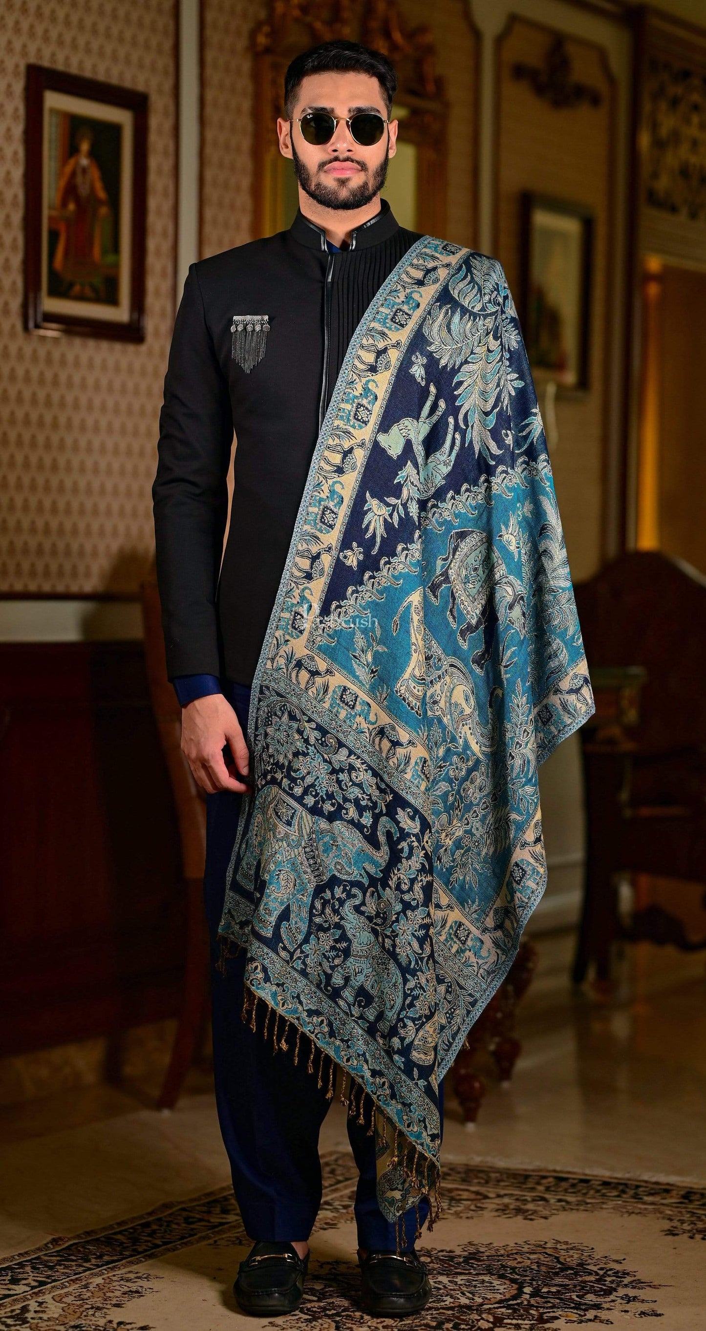 Pashtush India 70x200 Pashtush Mens Bamboo Reversible Muffler Tribal elephants