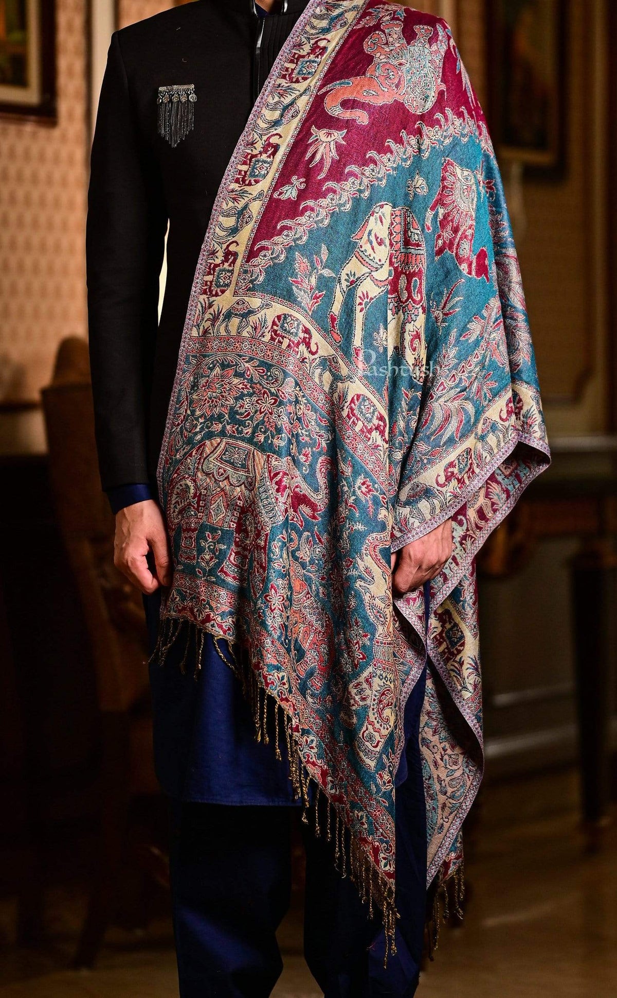 Pashtush India 70x200 Pashtush Mens Bamboo Reversible Muffler Tribal elephants