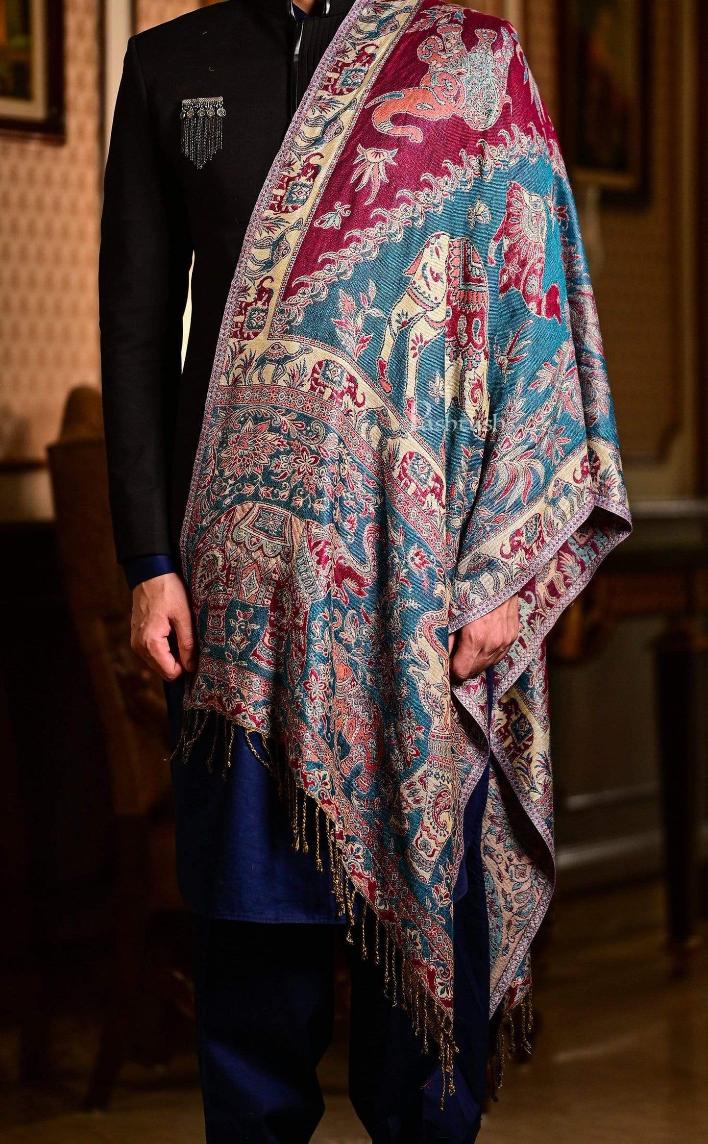 Pashtush India 70x200 Pashtush Mens Bamboo Reversible Muffler Tribal elephants