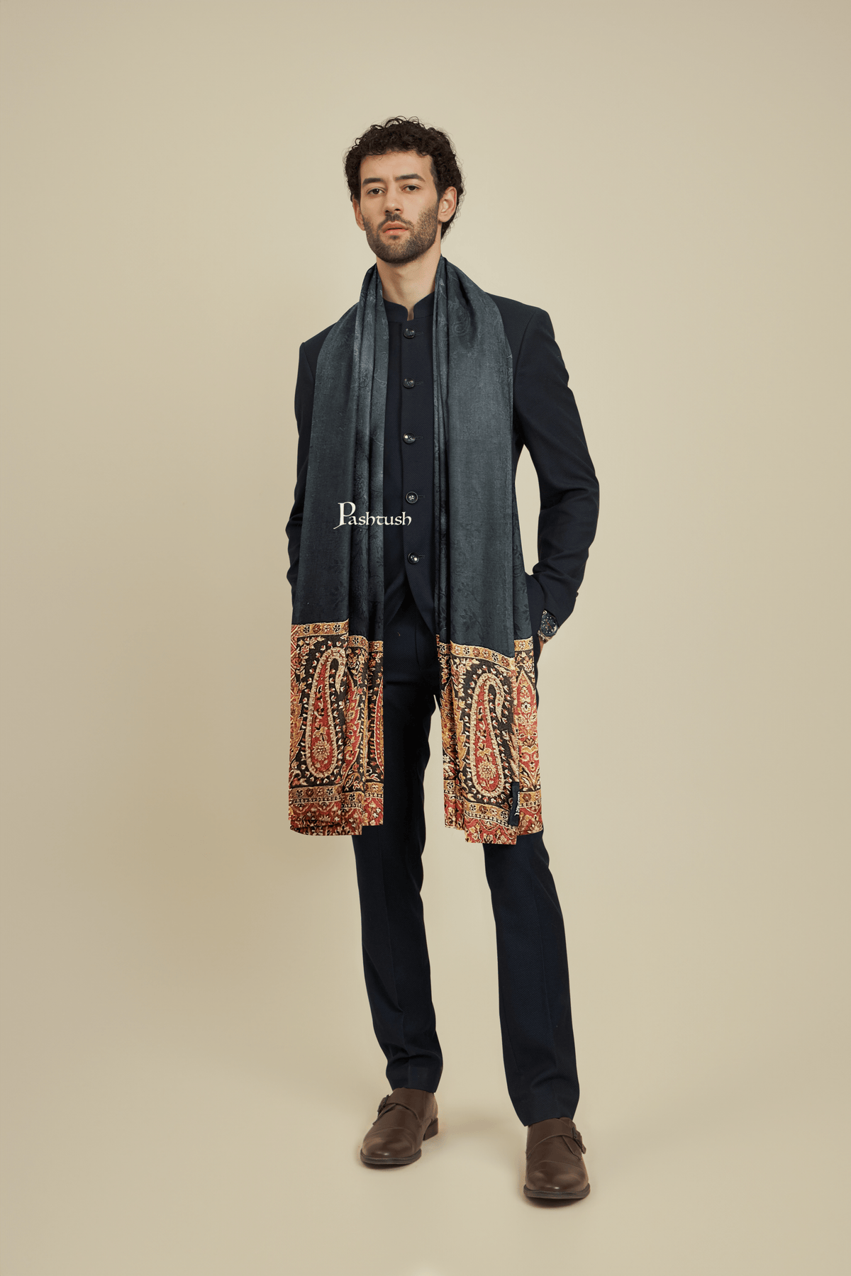 Pashtush India womens scarf and Stoles Pashtush Mens Bamboo Scarf, Woven Paisley Soft And Natural, Black