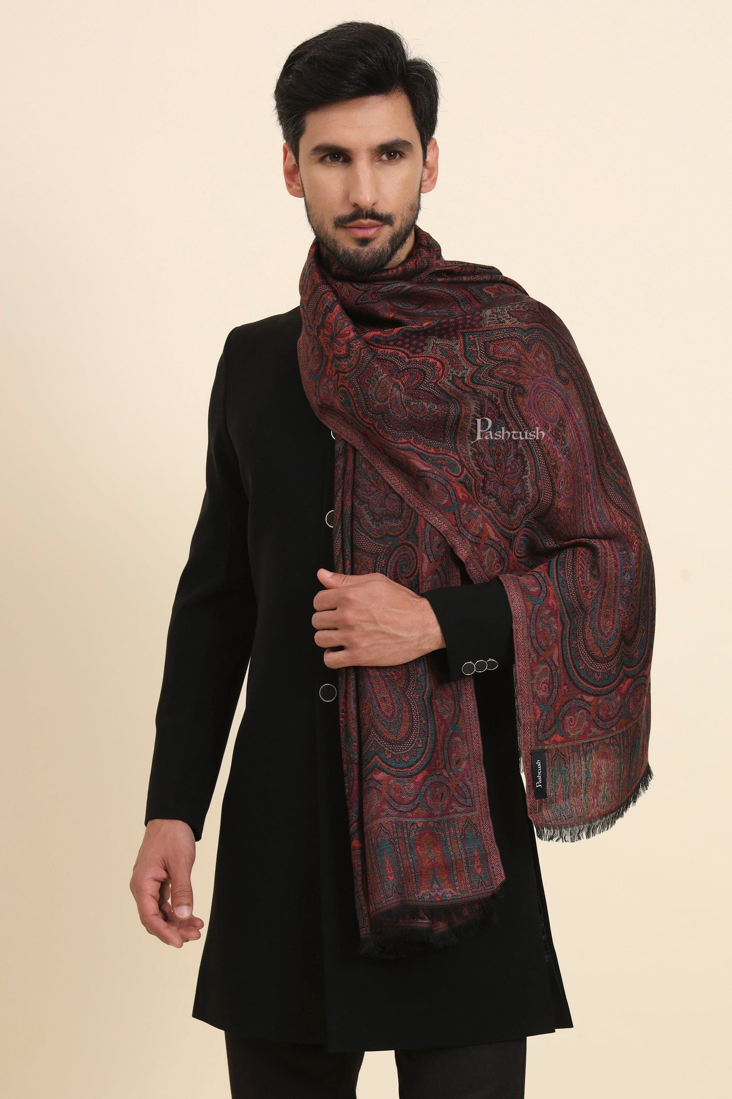 Pashtush India Mens Scarves Stoles and Mufflers Pashtush Mens Bamboo Stole, Antique Woven Design Design, Multicolour