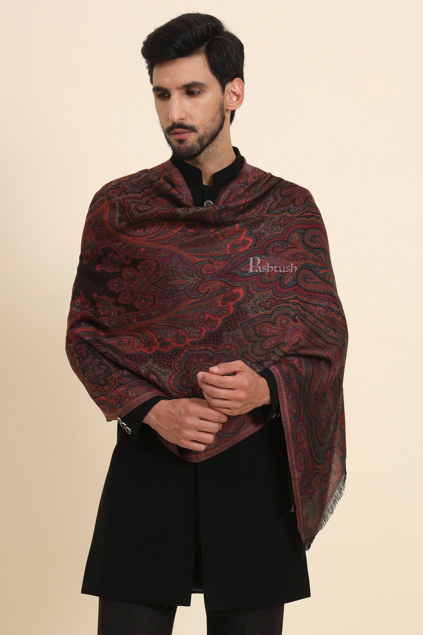 Pashtush India Mens Scarves Stoles and Mufflers Pashtush Mens Bamboo Stole, Antique Woven Design Design, Multicolour