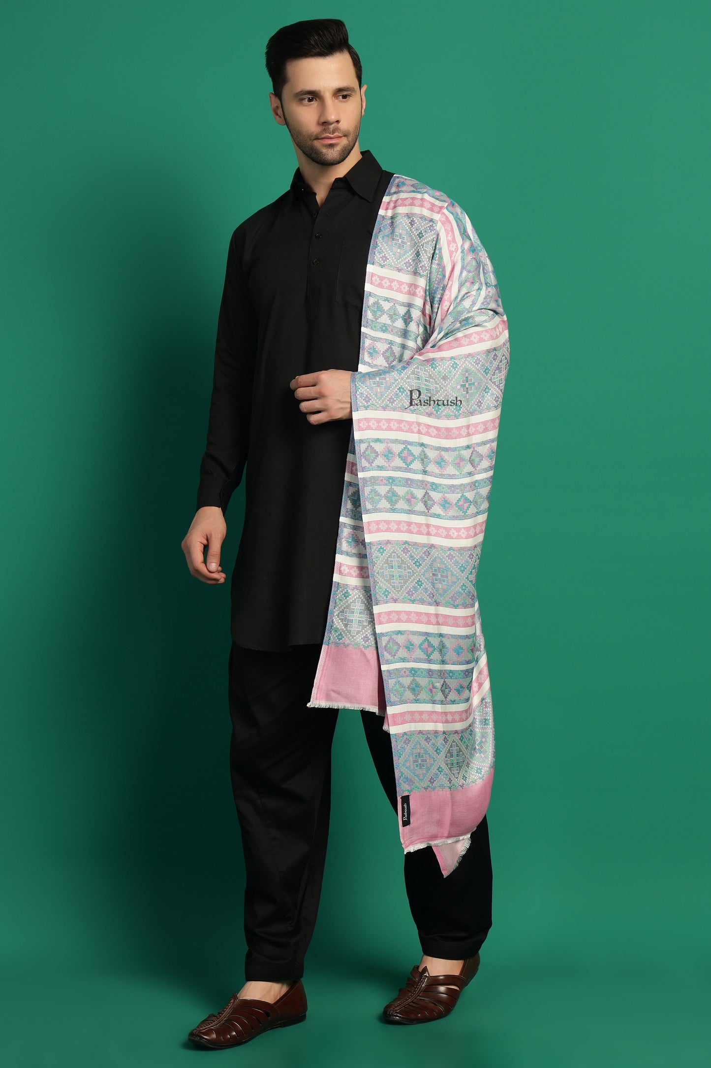 Pashtush India Mens Scarves Stoles and Mufflers Pashtush Mens Bamboo Stole, Aztec Weave Design, Blue Pink