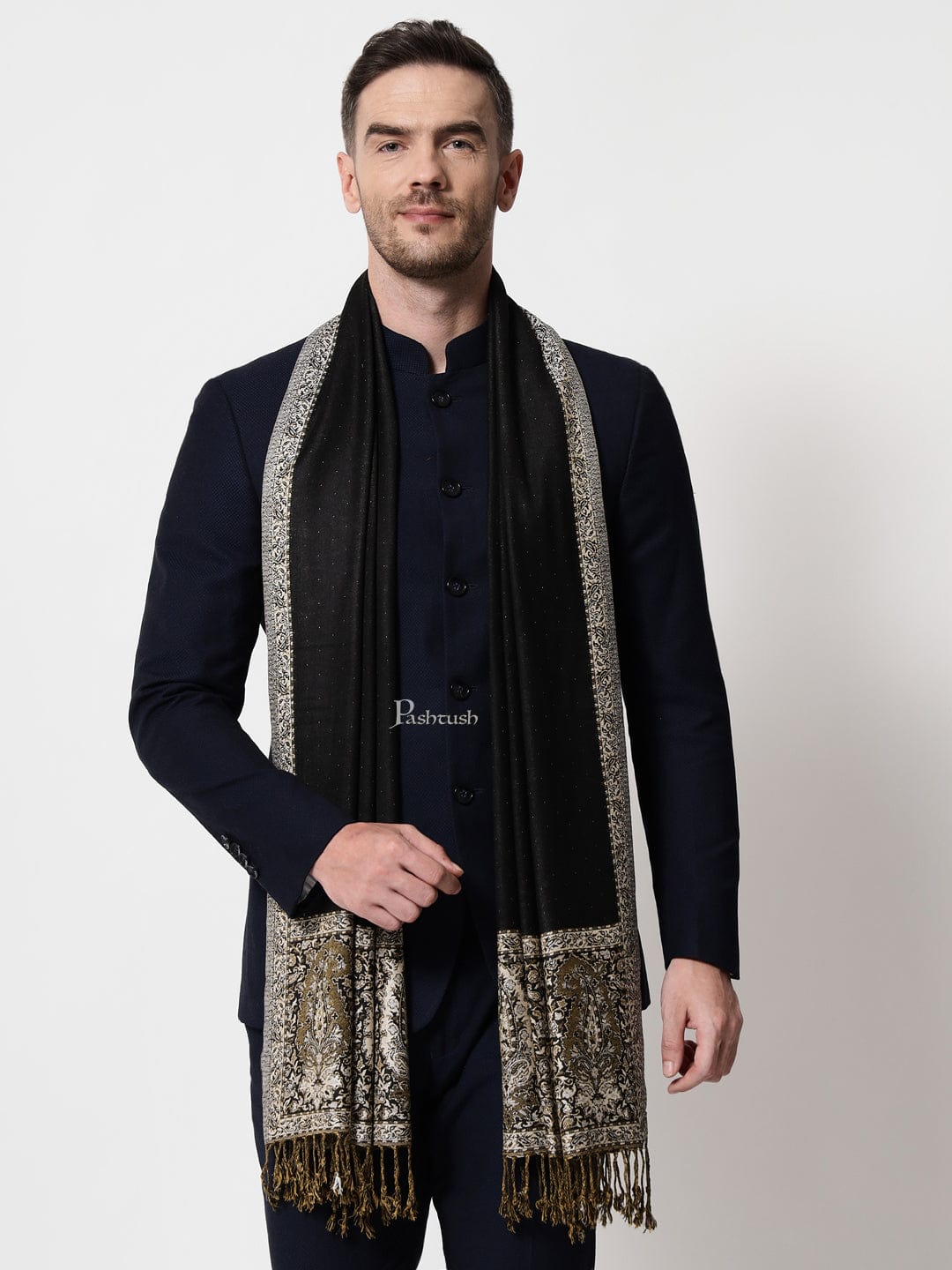 Pashtush India Mens Scarves Stoles and Mufflers Pashtush mens Bamboo stole, jacquard design, Black